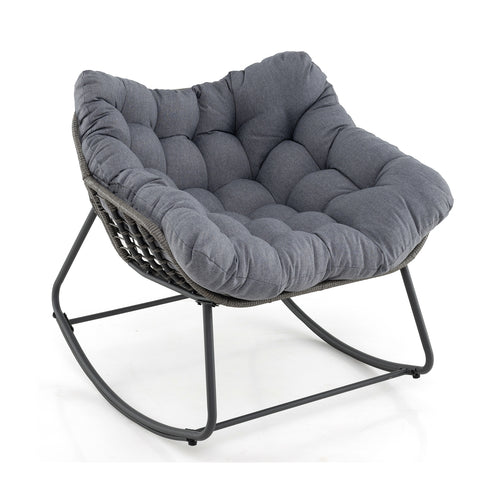 Outdoor Rocking Chair Oversized Patio PE Wicker Egg Chair with Cushion, Gray