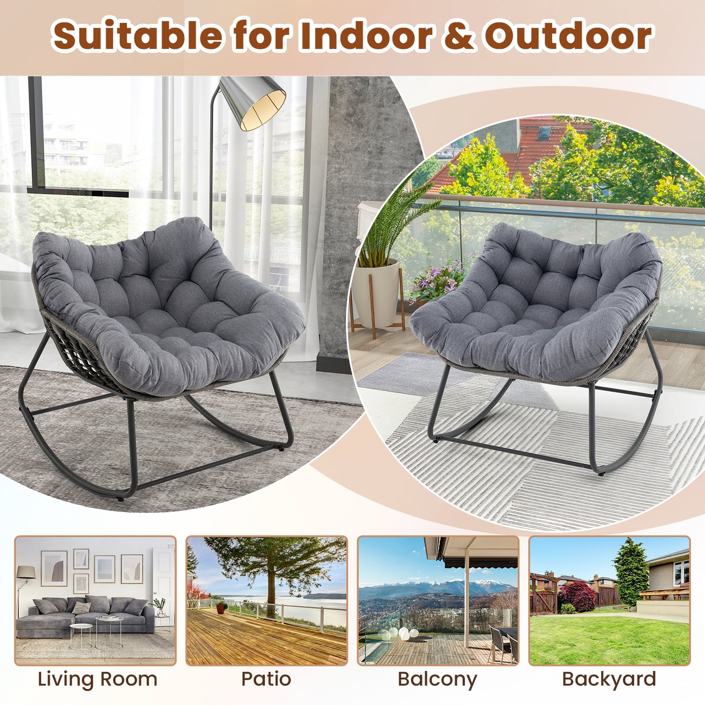 Outdoor Rocking Chair Oversized Patio PE Wicker Egg Chair with Cushion, Gray Patio Rocking Chairs & Gliders at Gallery Canada