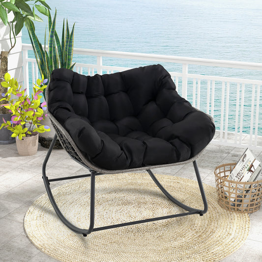 Outdoor Rocking Chair Oversized Patio PE Wicker Egg Chair with Cushion, Black Patio Rocking Chairs & Gliders Black at Gallery Canada