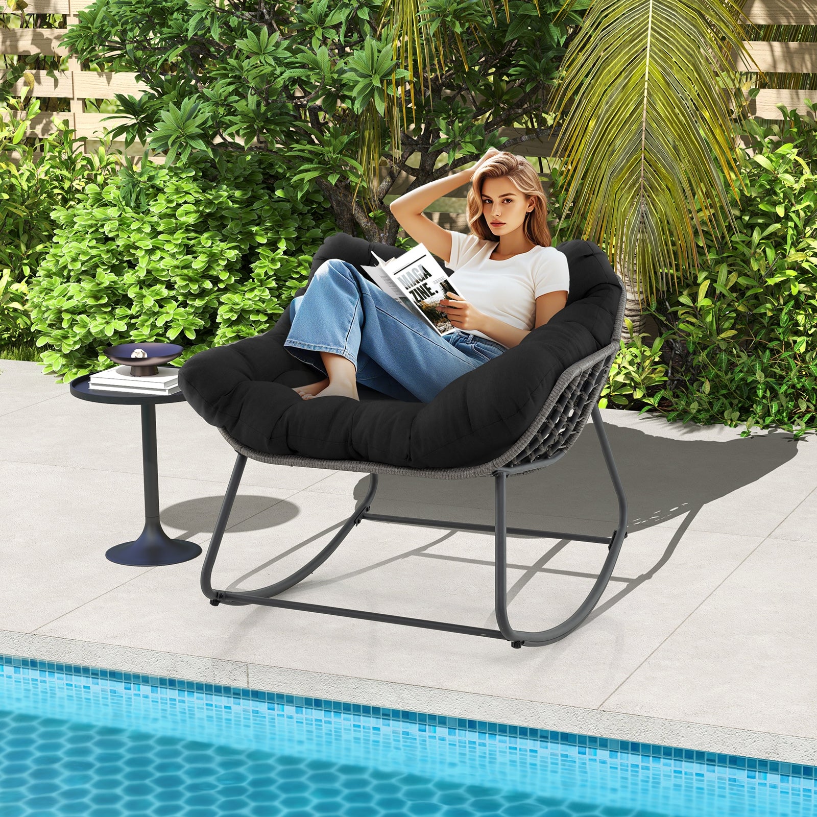 Outdoor Rocking Chair Oversized Patio PE Wicker Egg Chair with Cushion, Black Patio Rocking Chairs & Gliders at Gallery Canada