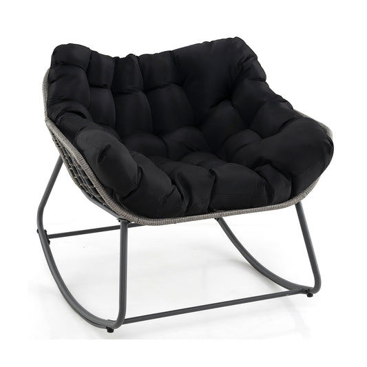 Outdoor Rocking Chair Oversized Patio PE Wicker Egg Chair with Cushion, Black Patio Rocking Chairs & Gliders Black at Gallery Canada