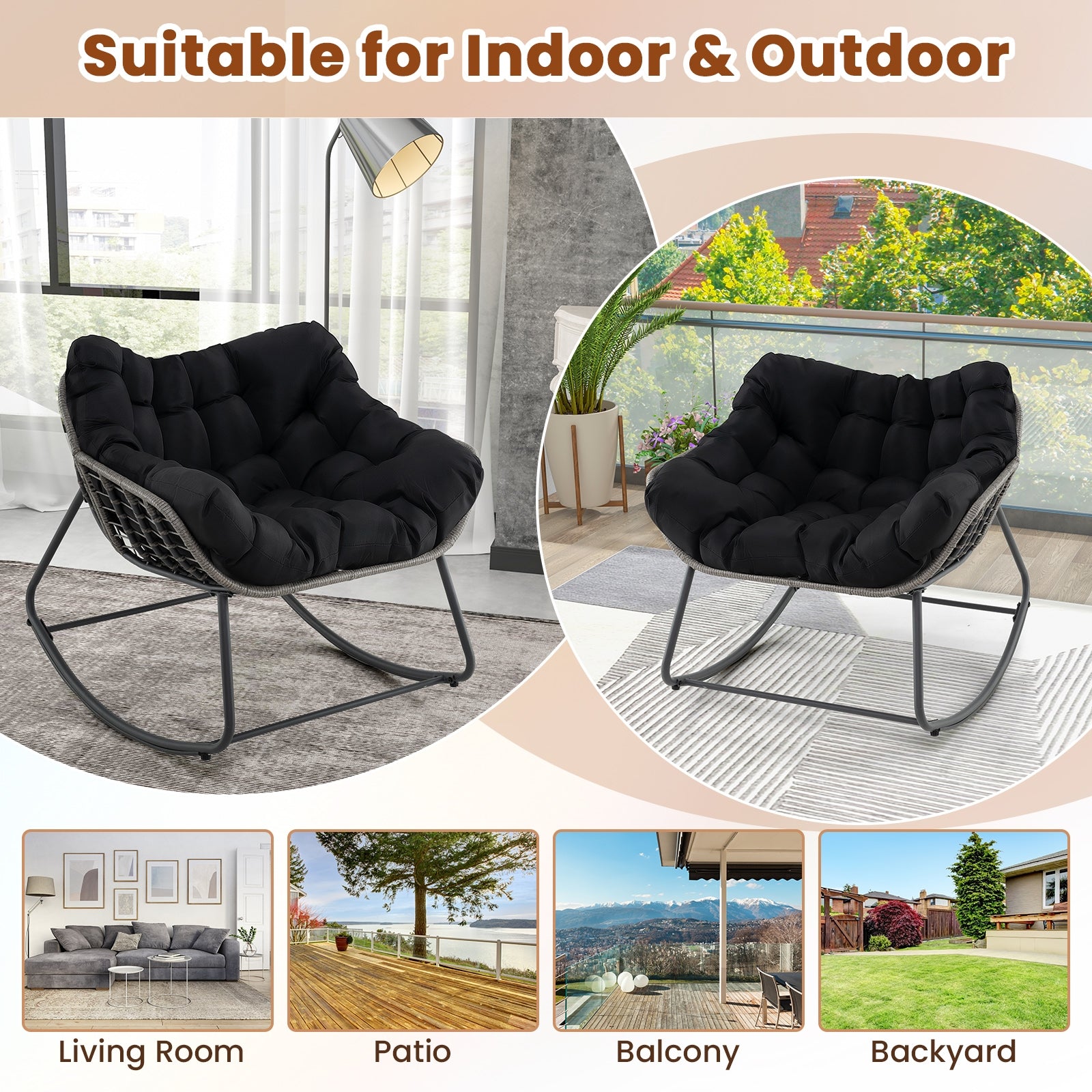 Outdoor Rocking Chair Oversized Patio PE Wicker Egg Chair with Cushion, Black Patio Rocking Chairs & Gliders at Gallery Canada