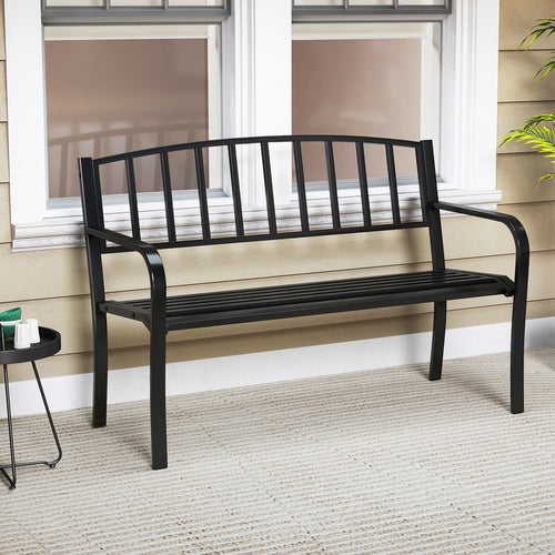 50 Inches Outdoor Garden Bench with Slatted Backrest and Curved Armrests, Black