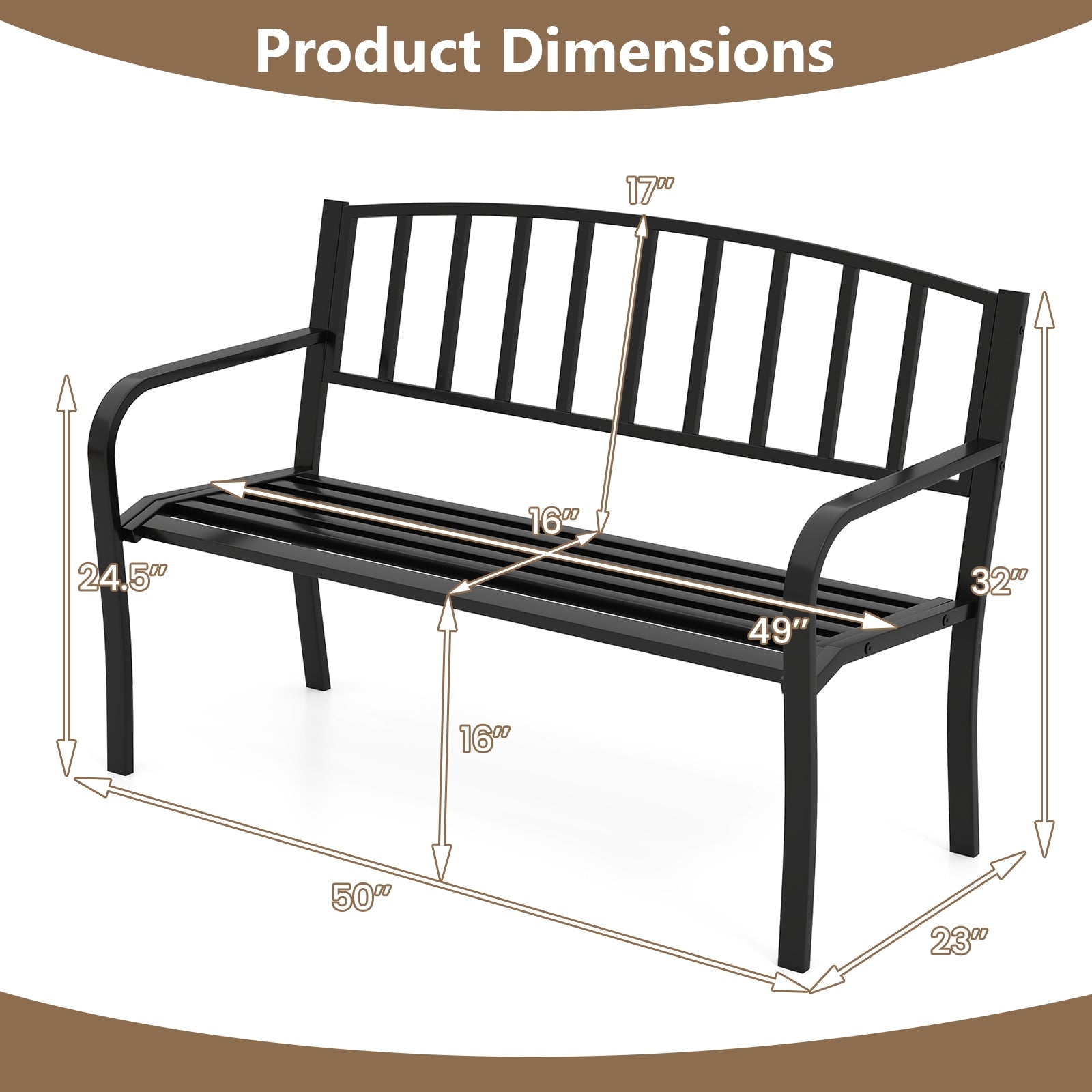 50 Inches Outdoor Garden Bench with Slatted Backrest and Curved Armrests, Black Outdoor Benches at Gallery Canada
