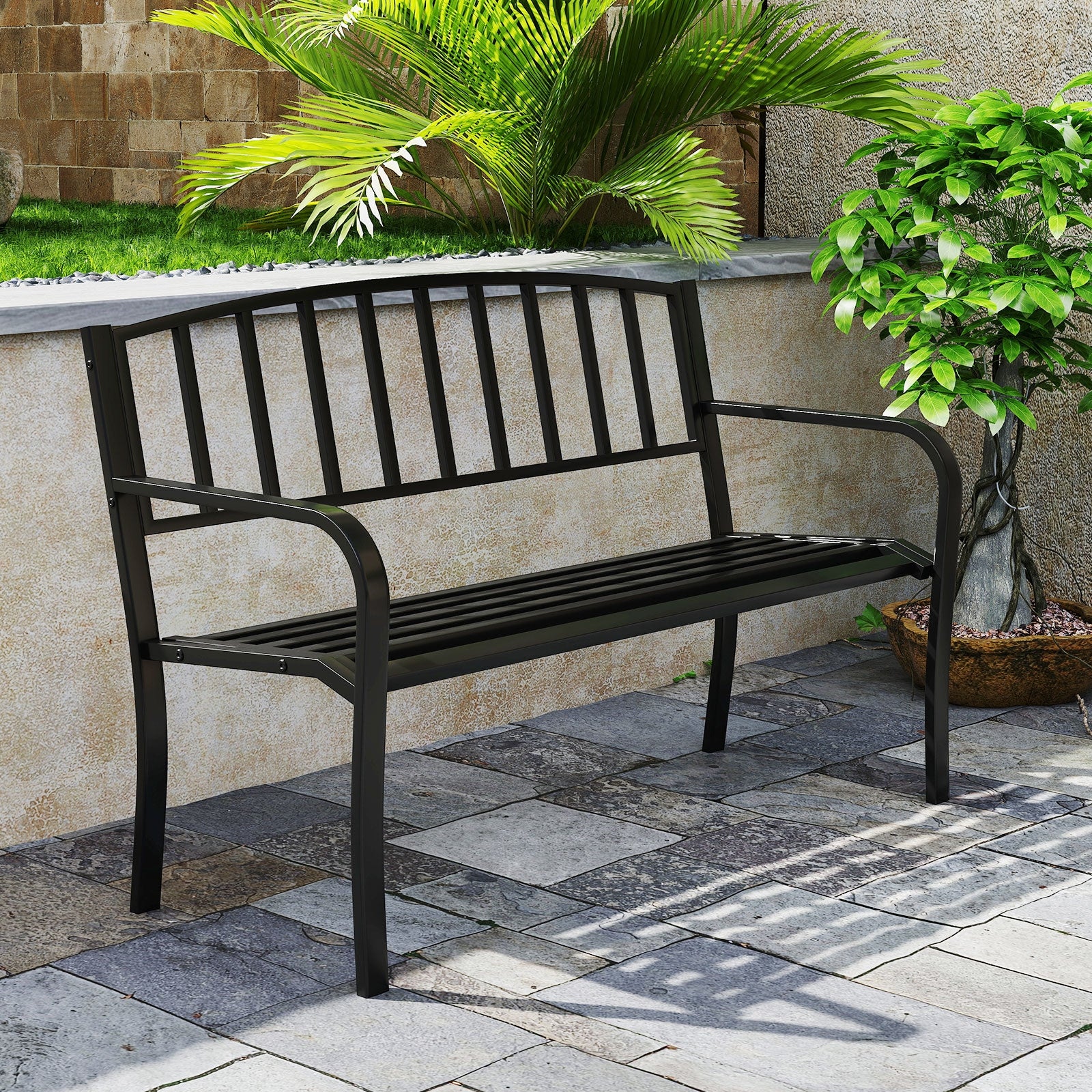 50 Inches Outdoor Garden Bench with Slatted Backrest and Curved Armrests, Black Outdoor Benches at Gallery Canada