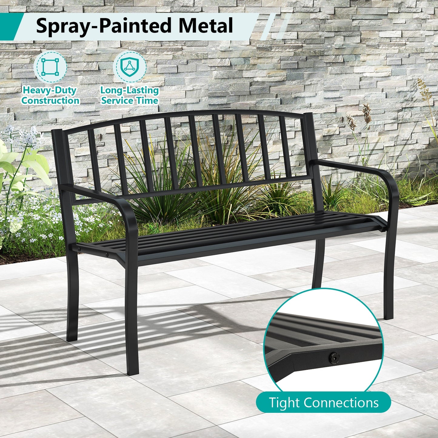 50 Inches Outdoor Garden Bench with Slatted Backrest and Curved Armrests, Black Outdoor Benches at Gallery Canada