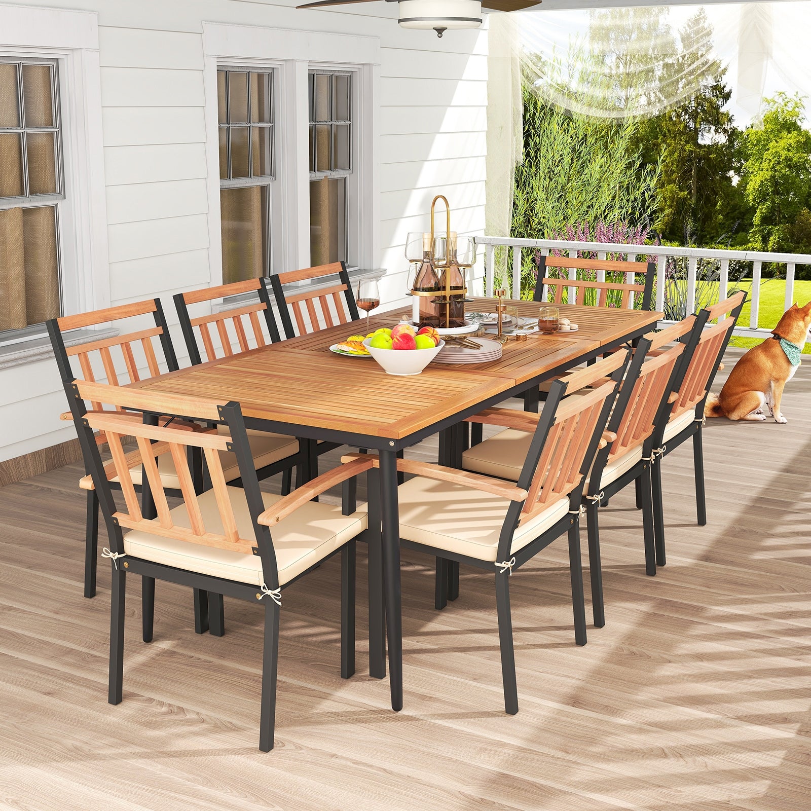 9-Piece Patio Dining Set with 8 Wooden Armchairs, Natural Patio Dining Sets at Gallery Canada