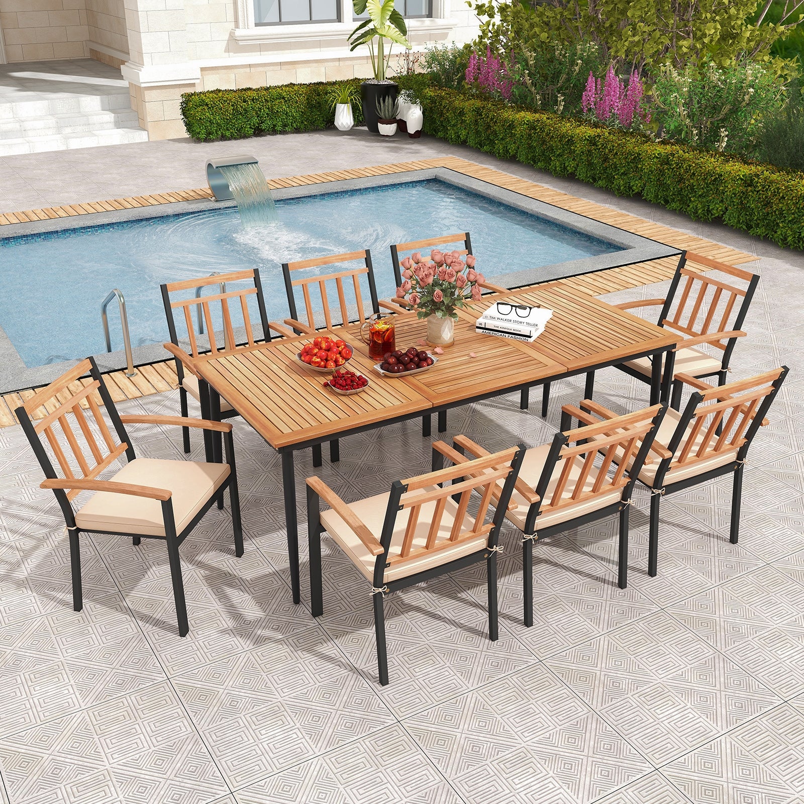 9-Piece Patio Dining Set with 8 Wooden Armchairs, Natural Patio Dining Sets at Gallery Canada