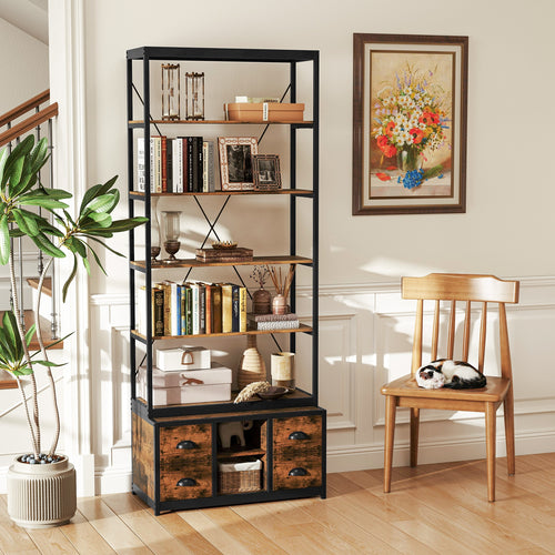 8-tier Bookshelf with 4 Fabric Drawers  and Heavy-duty Metal Frame, Coffee