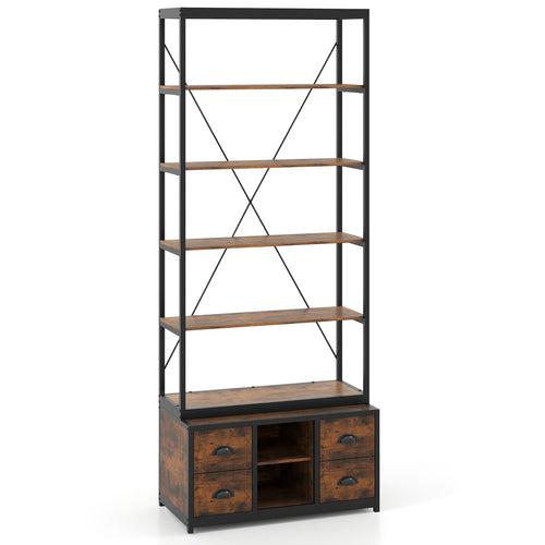 8-tier Bookshelf with 4 Fabric Drawers  and Heavy-duty Metal Frame, Coffee