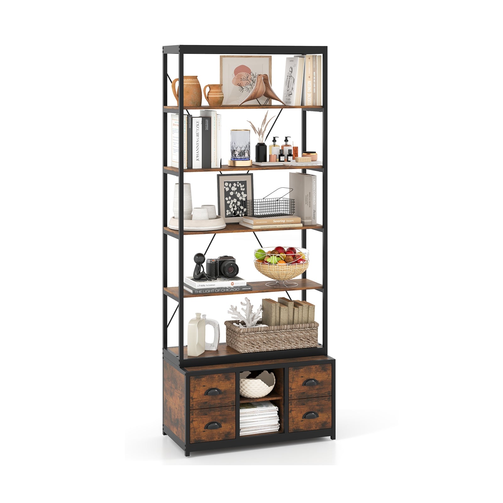 8-tier Bookshelf with 4 Fabric Drawers and Heavy-duty Metal Frame, Coffee Bookcases at Gallery Canada
