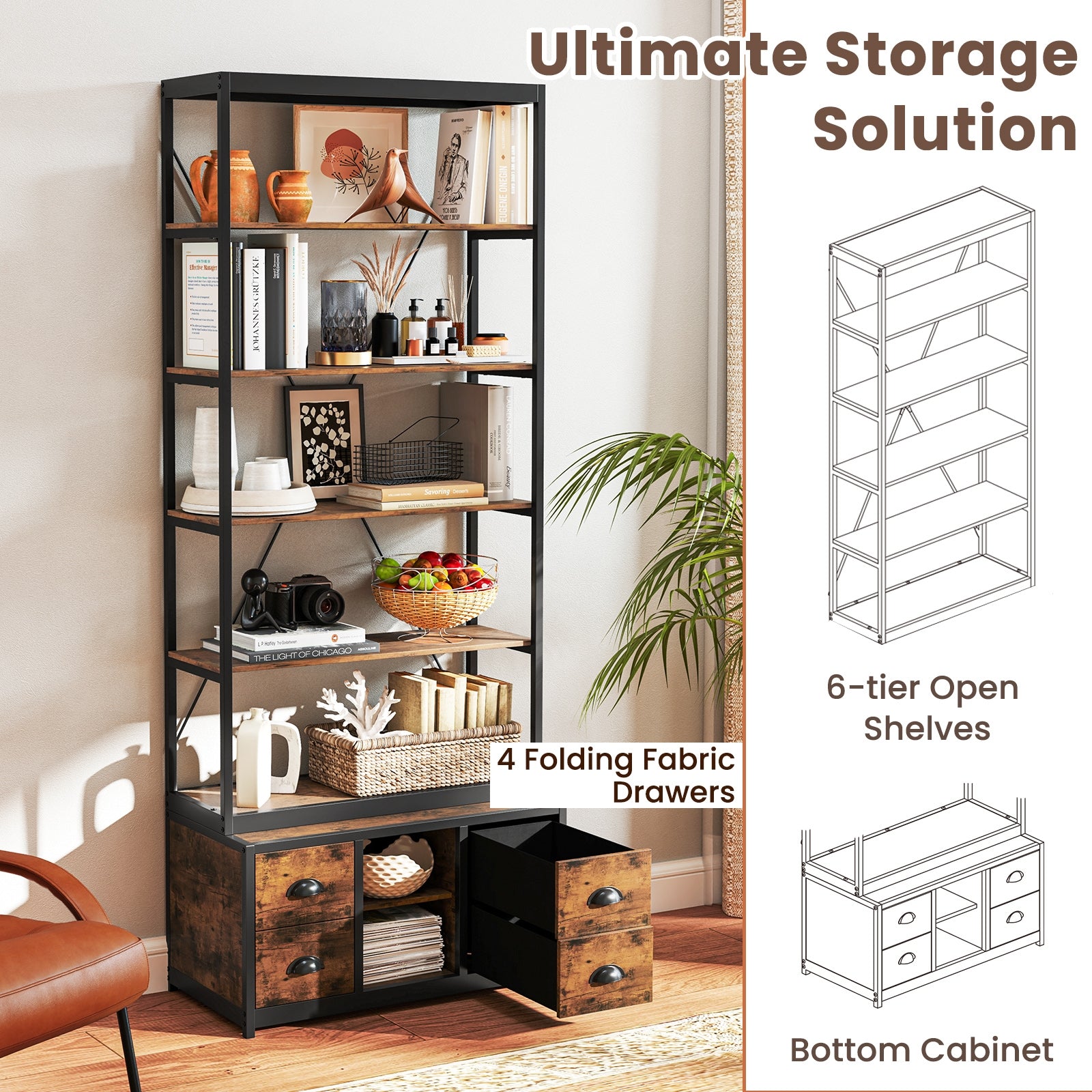8-tier Bookshelf with 4 Fabric Drawers and Heavy-duty Metal Frame, Coffee Bookcases at Gallery Canada