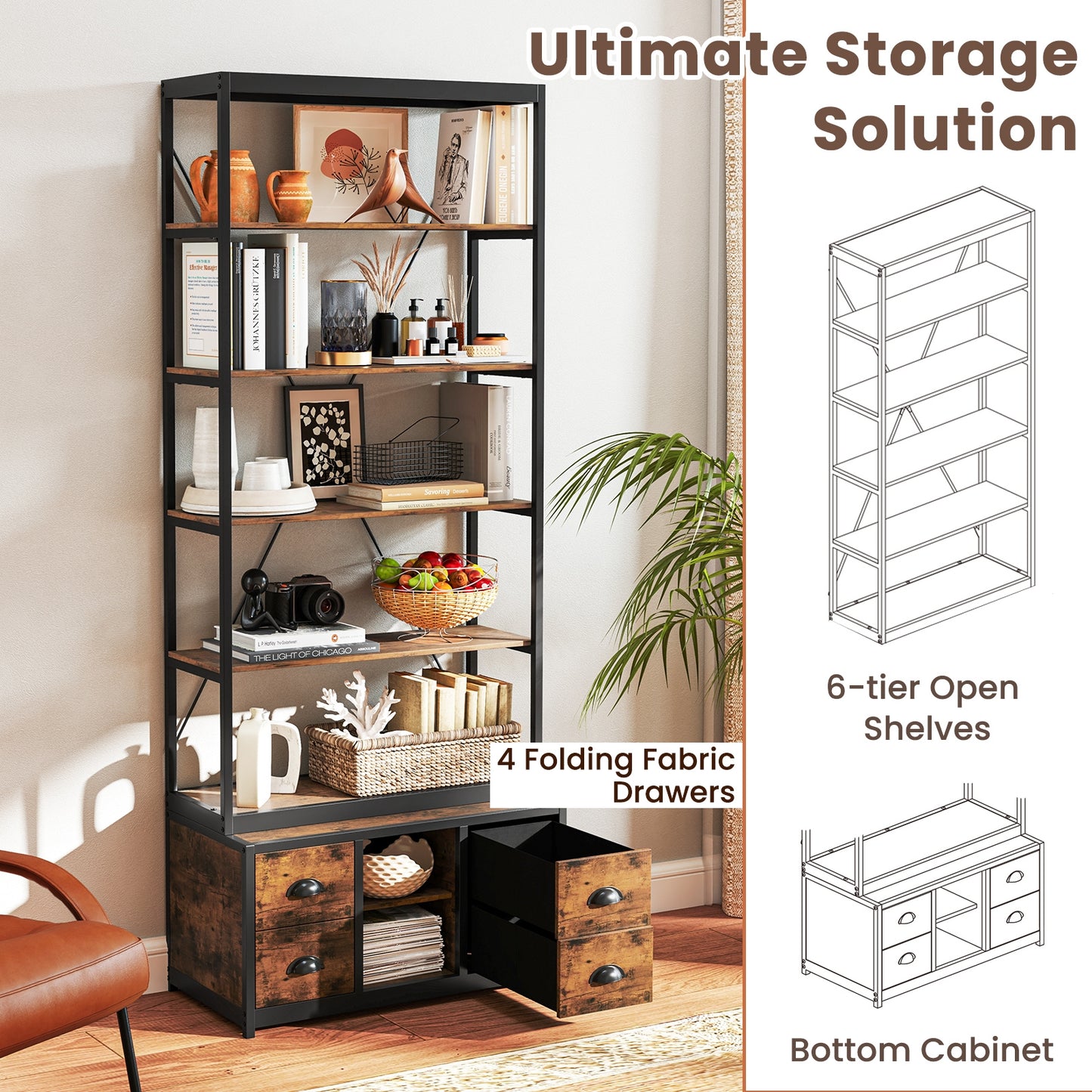 8-tier Bookshelf with 4 Fabric Drawers and Heavy-duty Metal Frame, Coffee Bookcases at Gallery Canada