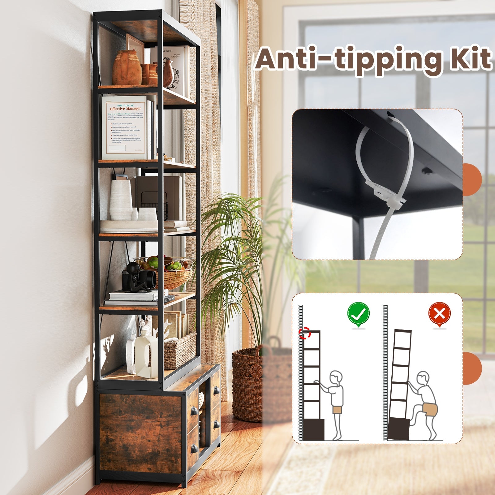 8-tier Bookshelf with 4 Fabric Drawers and Heavy-duty Metal Frame, Coffee Bookcases at Gallery Canada