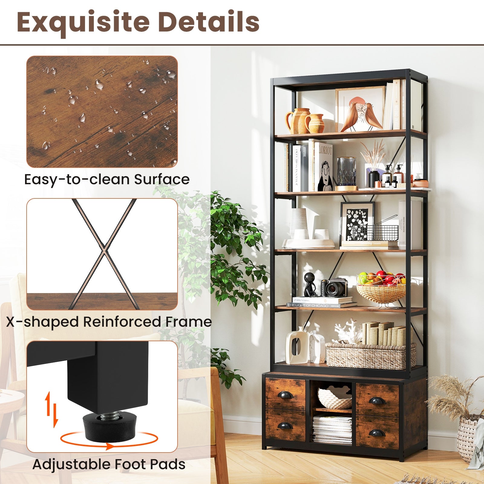 8-tier Bookshelf with 4 Fabric Drawers and Heavy-duty Metal Frame, Coffee Bookcases at Gallery Canada