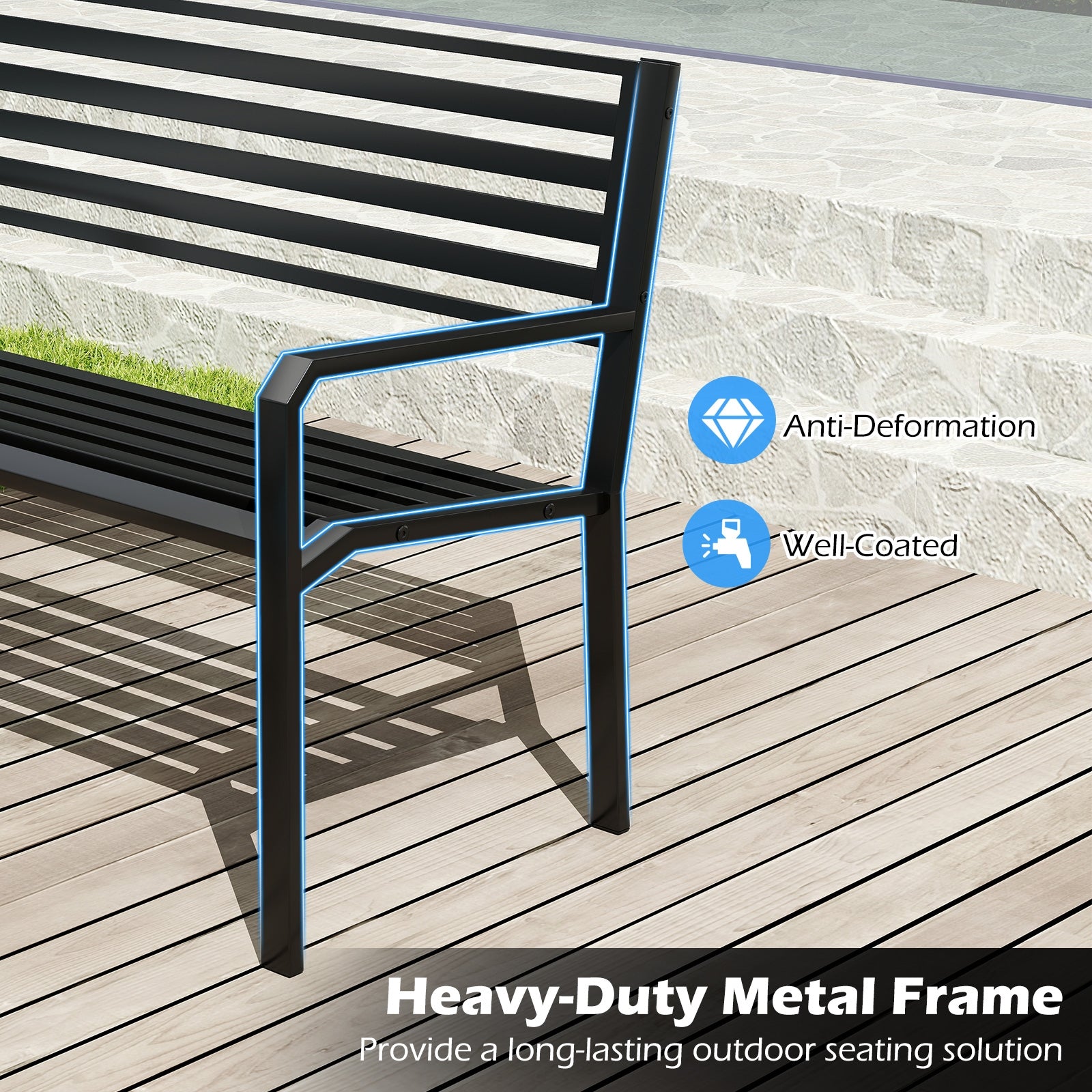 50 Inch Outdoor Metal Park Bench Patio Slatted Garden Bench for 2-3 People, Black Outdoor Benches at Gallery Canada