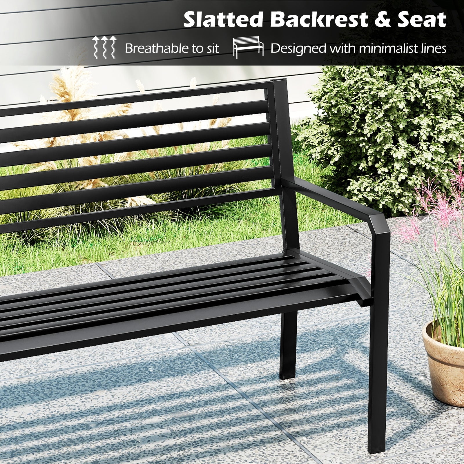 50 Inch Outdoor Metal Park Bench Patio Slatted Garden Bench for 2-3 People, Black Outdoor Benches at Gallery Canada