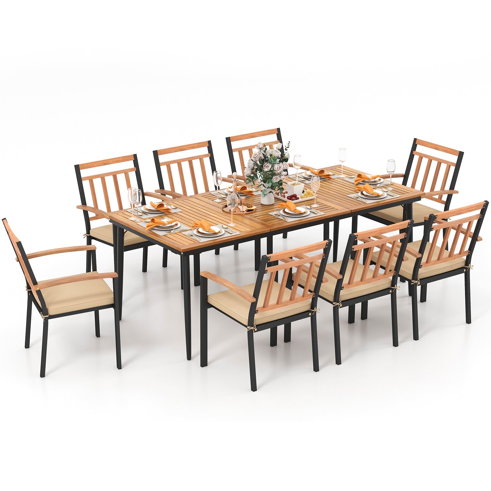 9-Piece Patio Dining Set with 8 Wooden Armchairs, Natural Patio Dining Sets at Gallery Canada