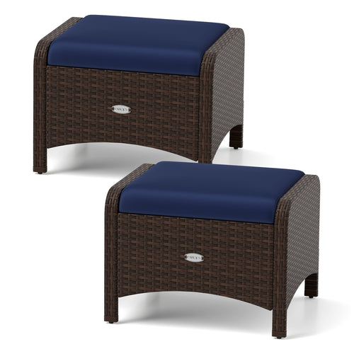 2 Pieces Outdoor Patio PE Wicker Ottomans with Removable Cushions, Navy