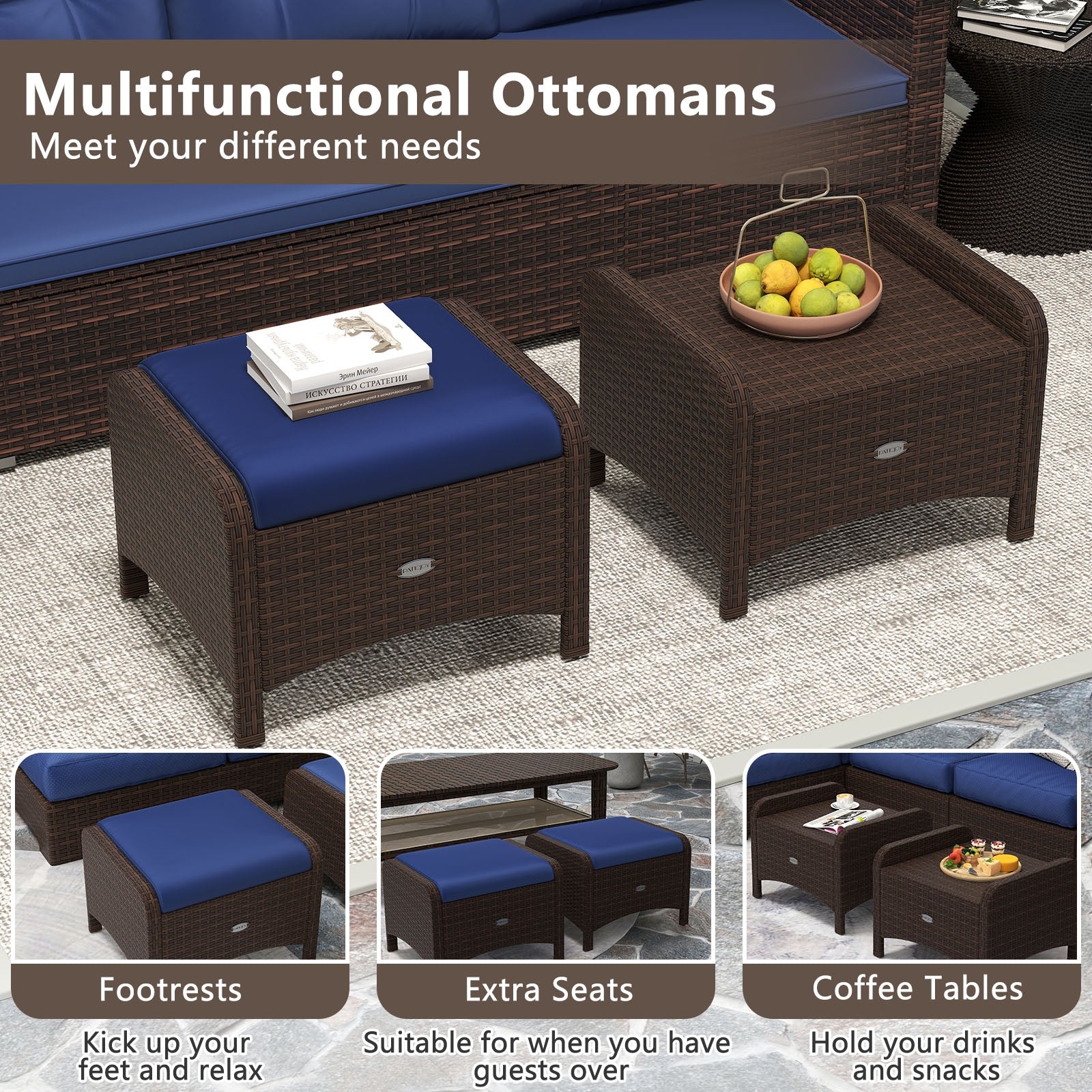 2 Pieces Outdoor Patio PE Wicker Ottomans with Removable Cushions, Navy Outdoor Seating & Patio Chairs at Gallery Canada