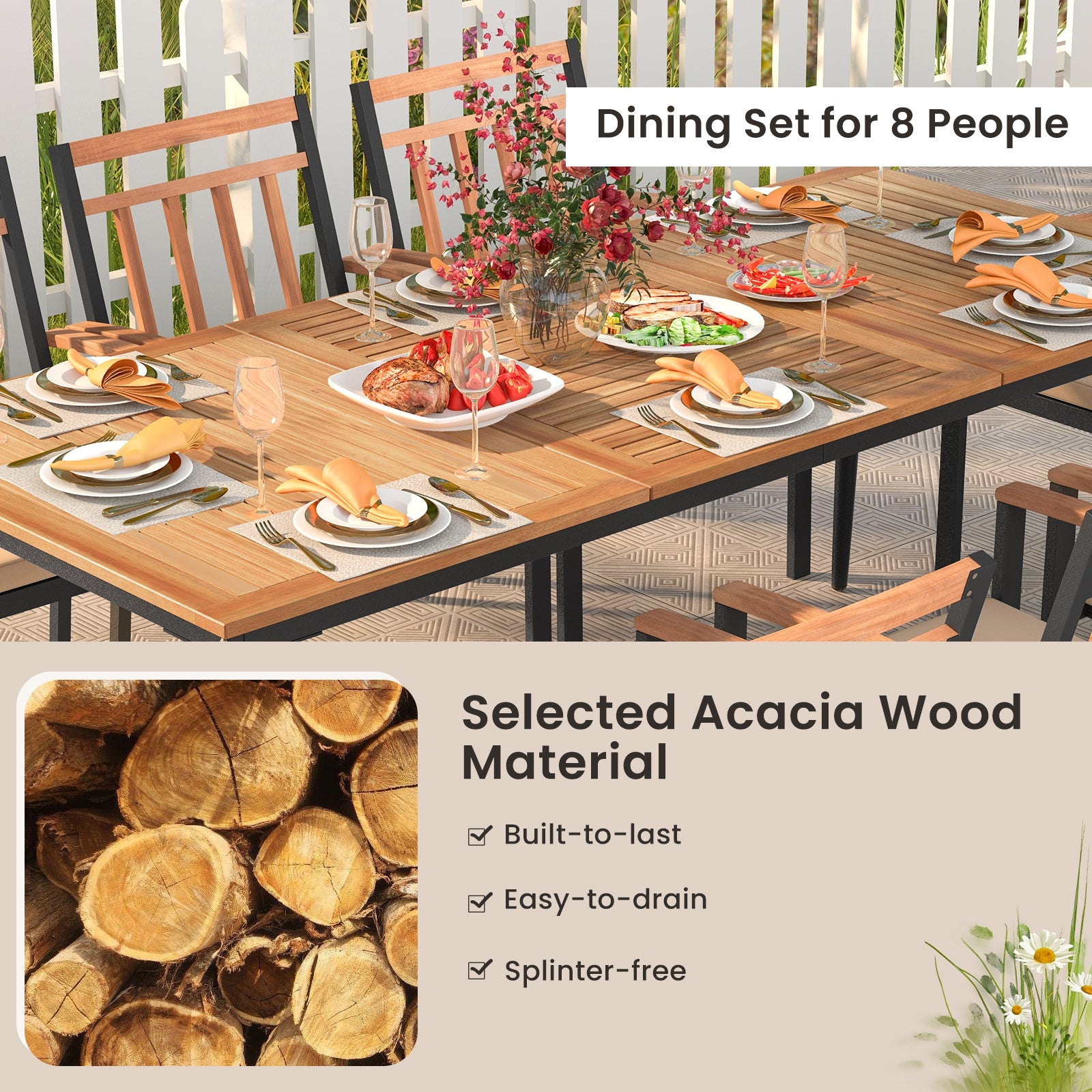 9-Piece Patio Dining Set with 8 Wooden Armchairs, Natural Patio Dining Sets at Gallery Canada