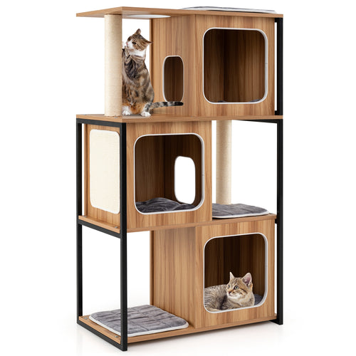 Modern Cat Tree Cat House with Metal Frame and Scratching Posts, Natural