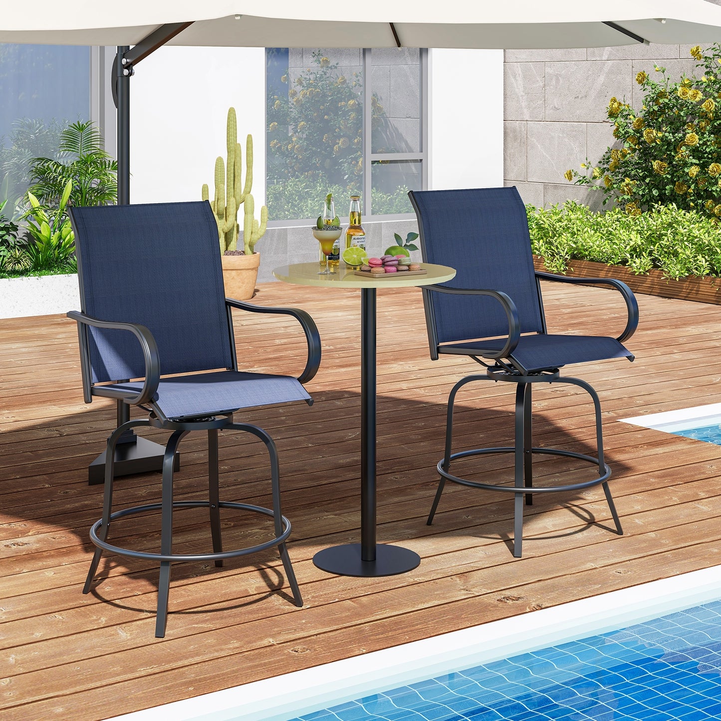 2 Pieces 360 Rotating Bar Stool Set with Armrests for Patio, Navy Patio Bar Furniture at Gallery Canada