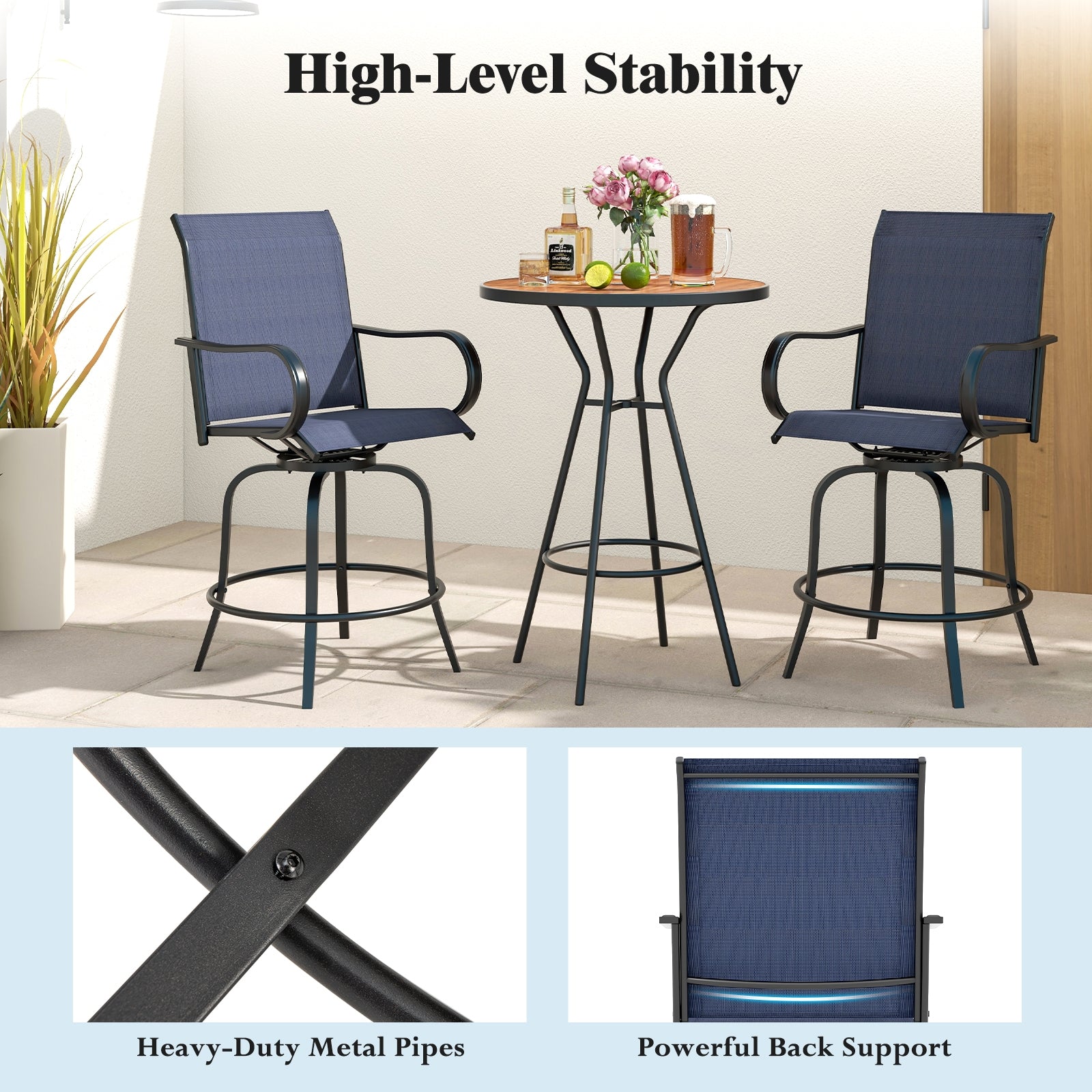 2 Pieces 360 Rotating Bar Stool Set with Armrests for Patio, Navy Patio Bar Furniture at Gallery Canada