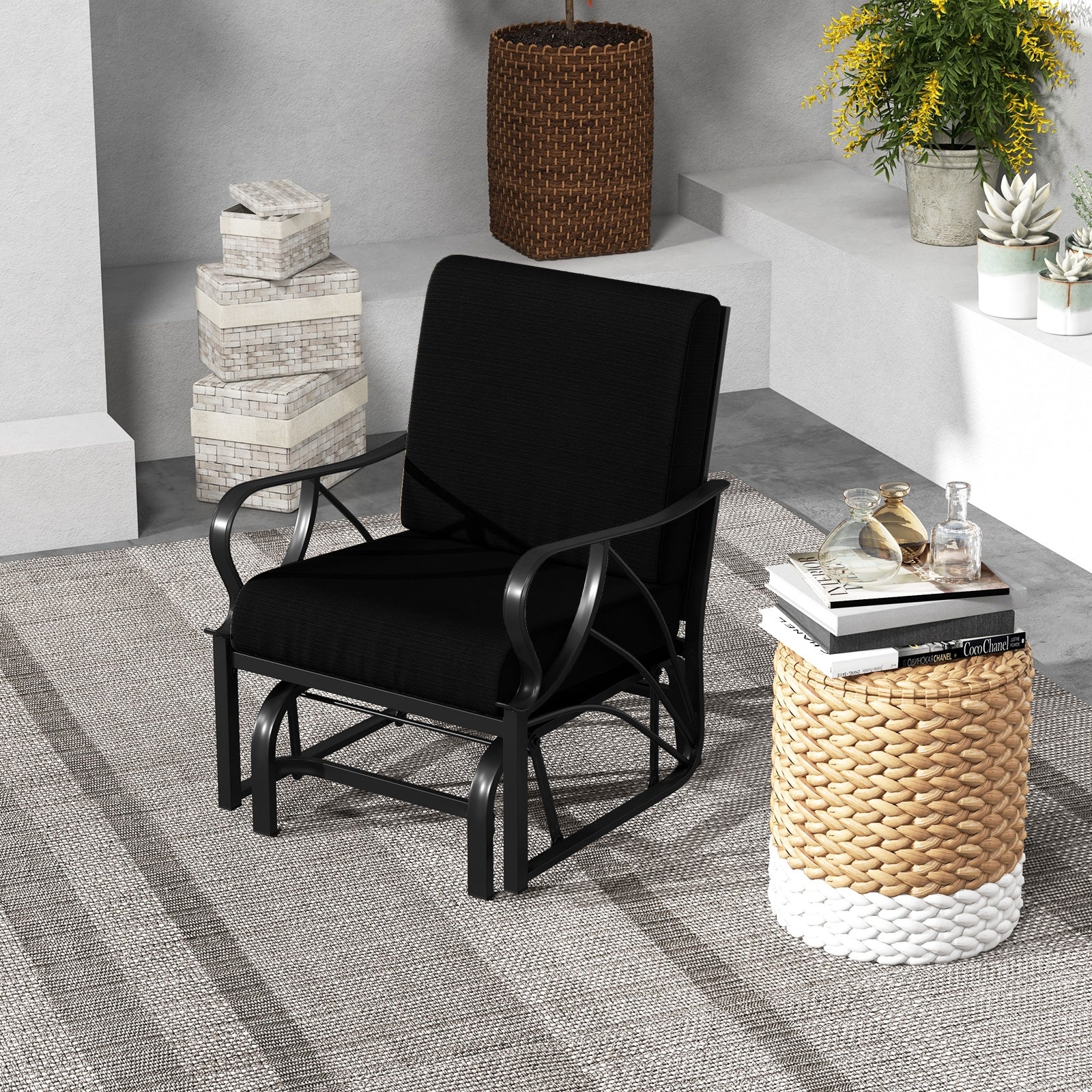 Patio Glider Rocking Chair with Thick Cushion and Curved Armrest, Black Patio Rocking Chairs & Gliders at Gallery Canada