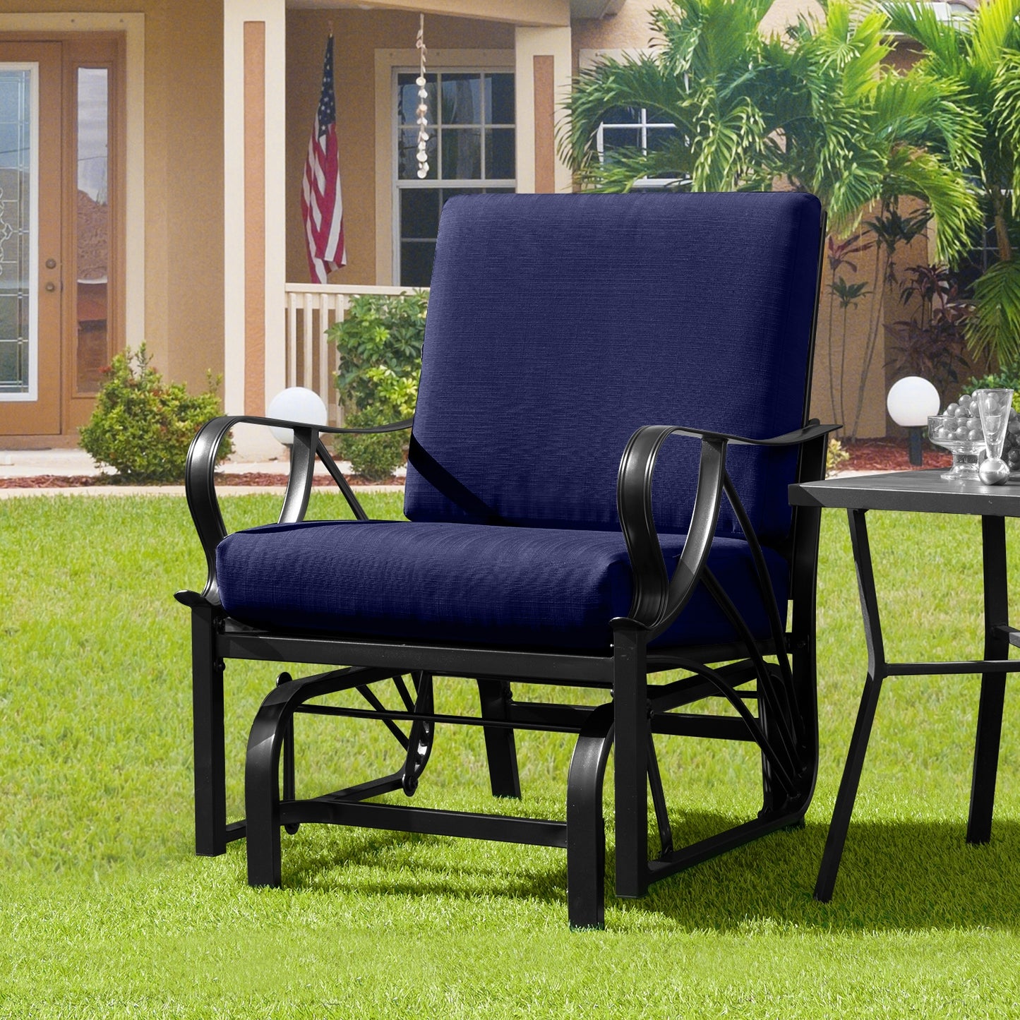 Patio Glider Rocking Chair with Thick Cushion and Curved Armrest, Navy Patio Rocking Chairs & Gliders at Gallery Canada