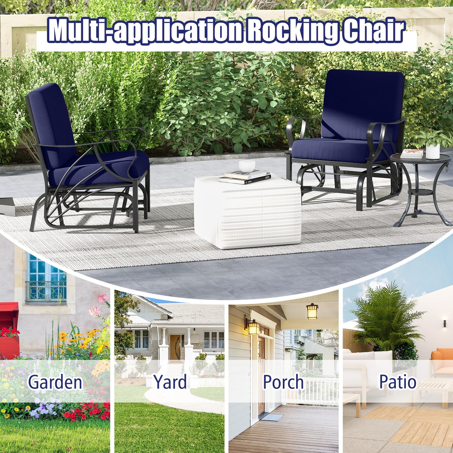 Patio Glider Rocking Chair with Thick Cushion and Curved Armrest, Navy Patio Rocking Chairs & Gliders at Gallery Canada