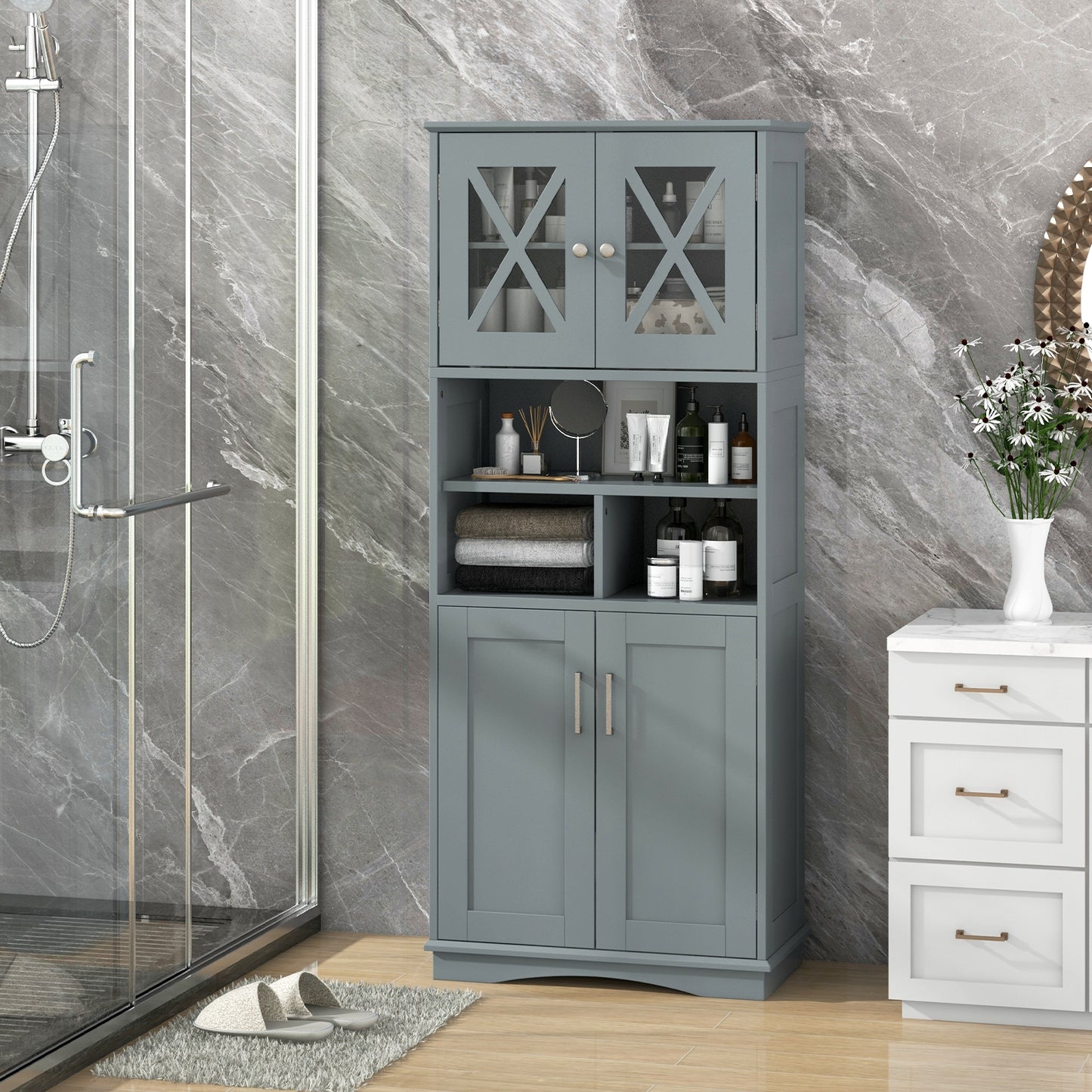 Tall Bathroom Cabinet Large Floor Storage Cabinet with Acrylic Doors and 3 Cubes, Gray Floor Cabinets at Gallery Canada