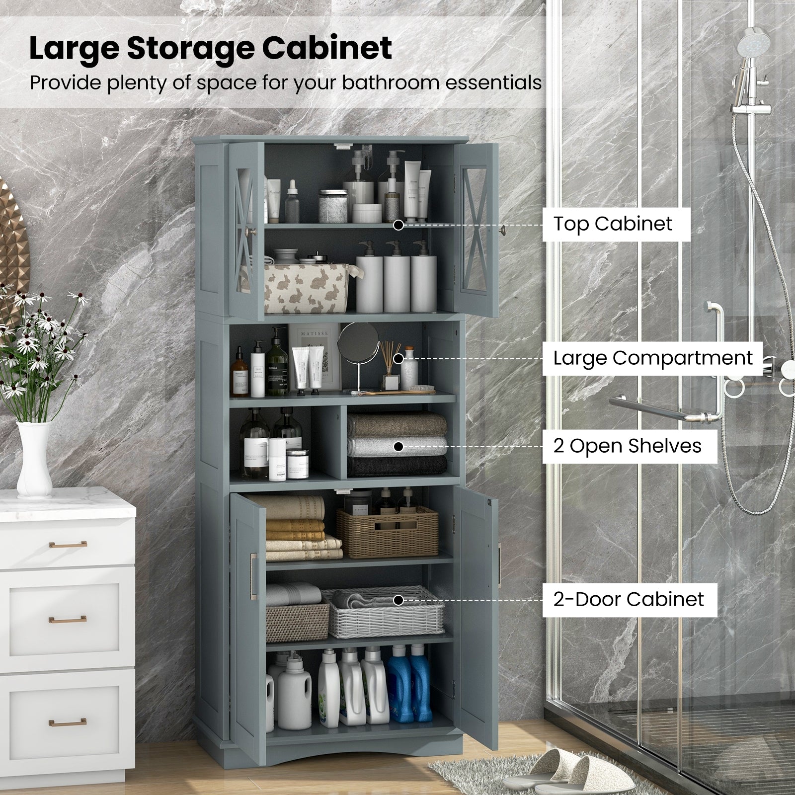 Tall Bathroom Cabinet Large Floor Storage Cabinet with Acrylic Doors and 3 Cubes, Gray Floor Cabinets at Gallery Canada