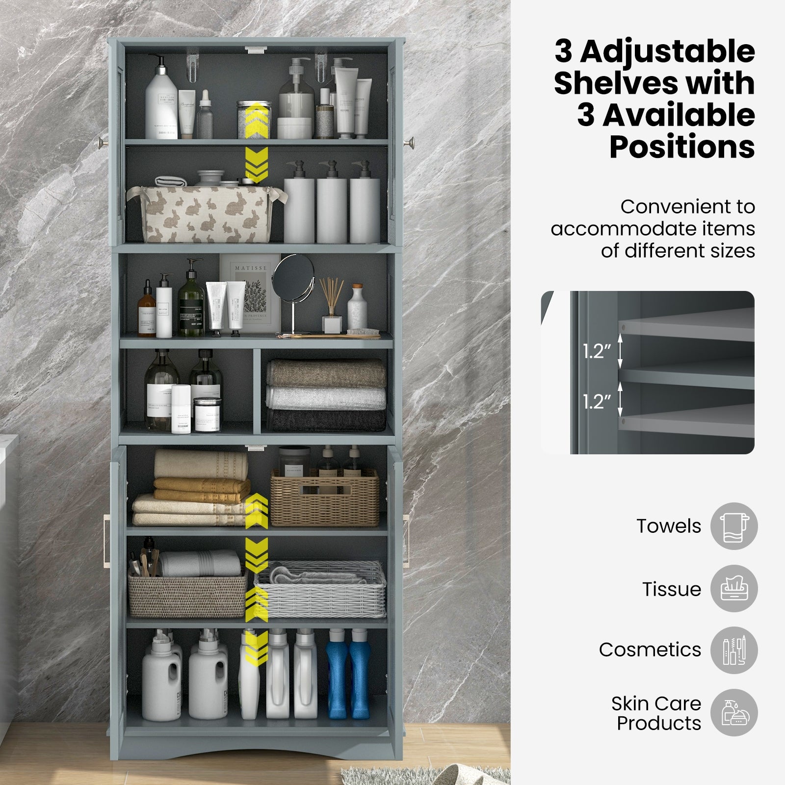 Tall Bathroom Cabinet Large Floor Storage Cabinet with Acrylic Doors and 3 Cubes, Gray Floor Cabinets at Gallery Canada