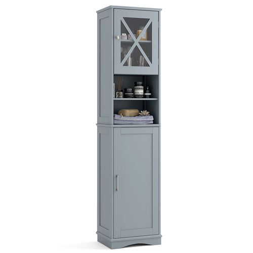 67 Inch Freestanding Bathroom Cabinet, 5 Adjustable Shelves, Gray