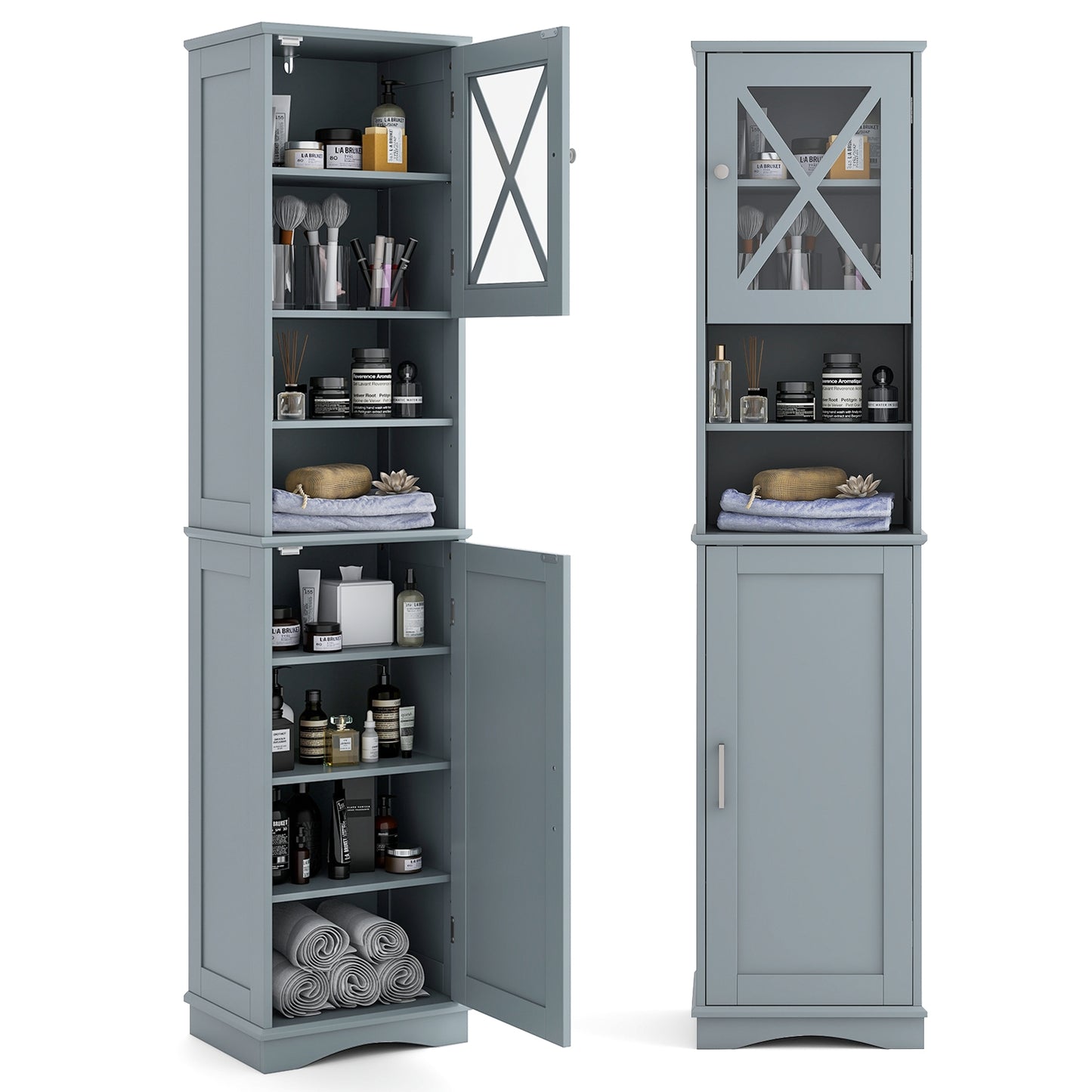 67 Inch Tall Bathroom Cabinet Freestanding Storage Cabinet with 5 Adjustable Shelves, Gray Floor Cabinets at Gallery Canada