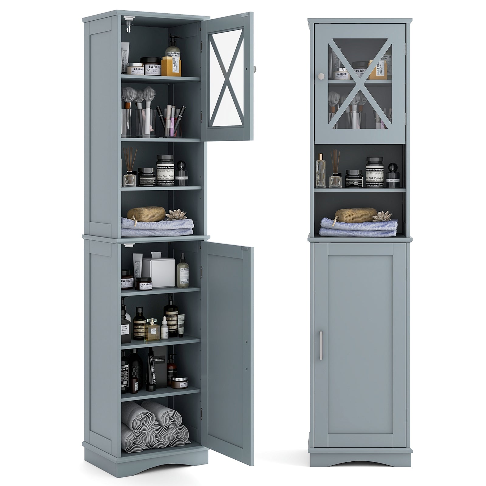 67 Inch Tall Bathroom Cabinet Freestanding Storage Cabinet with 5 Adjustable Shelves, Gray Floor Cabinets at Gallery Canada