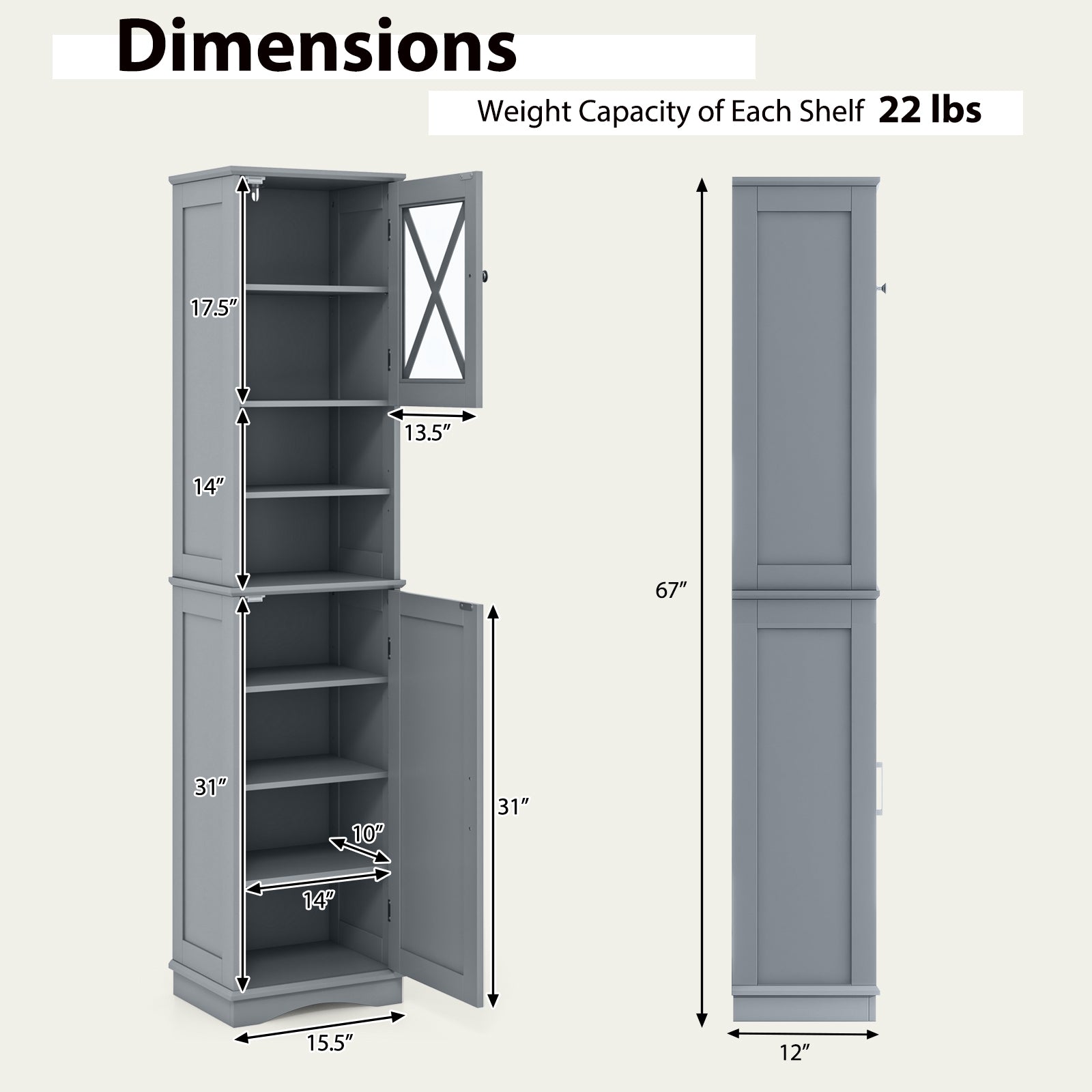 67 Inch Tall Bathroom Cabinet Freestanding Storage Cabinet with 5 Adjustable Shelves, Gray Floor Cabinets at Gallery Canada