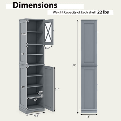 67 Inch Tall Bathroom Cabinet Freestanding Storage Cabinet with 5 Adjustable Shelves, Gray Floor Cabinets at Gallery Canada