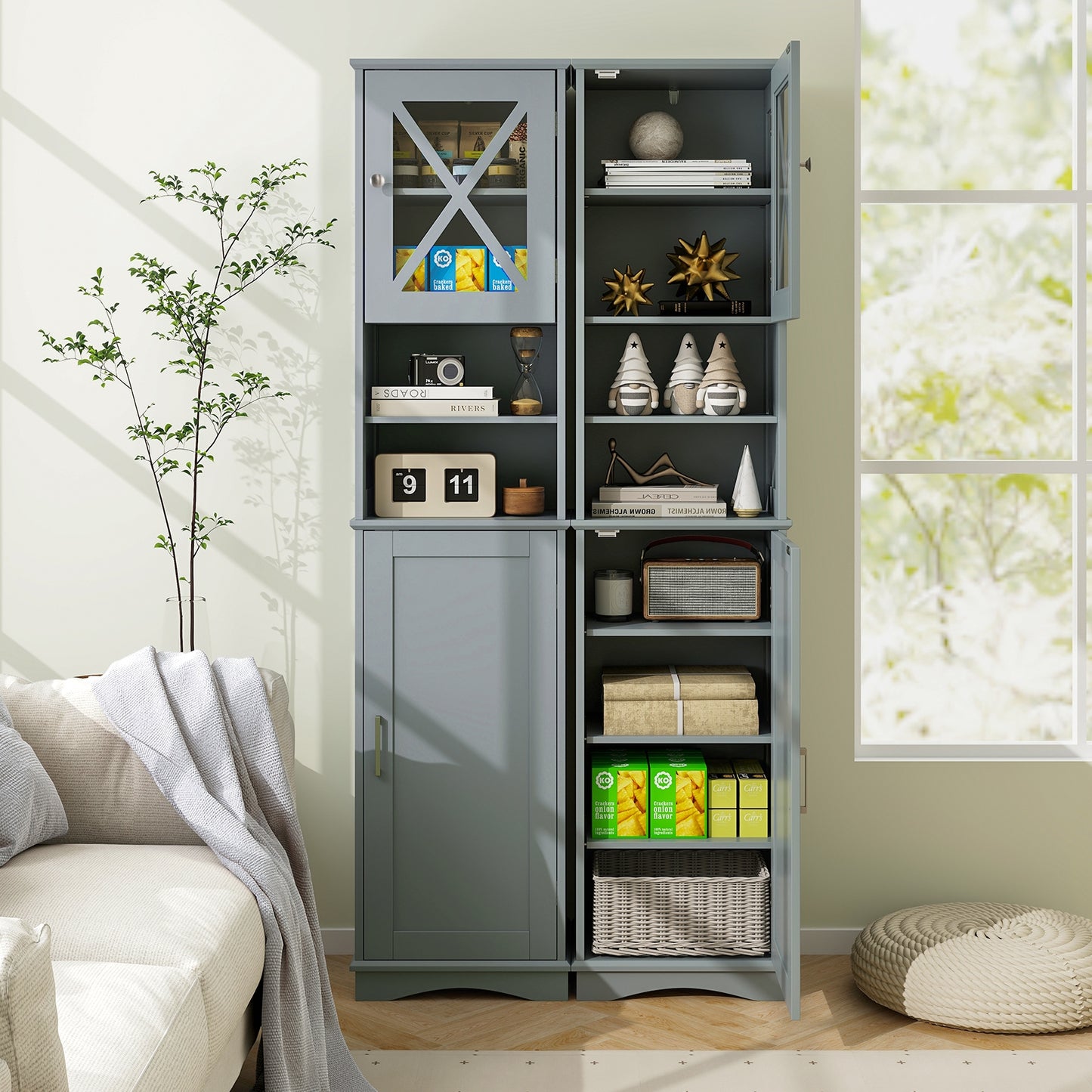 67 Inch Tall Bathroom Cabinet Freestanding Storage Cabinet with 5 Adjustable Shelves, Gray Floor Cabinets at Gallery Canada