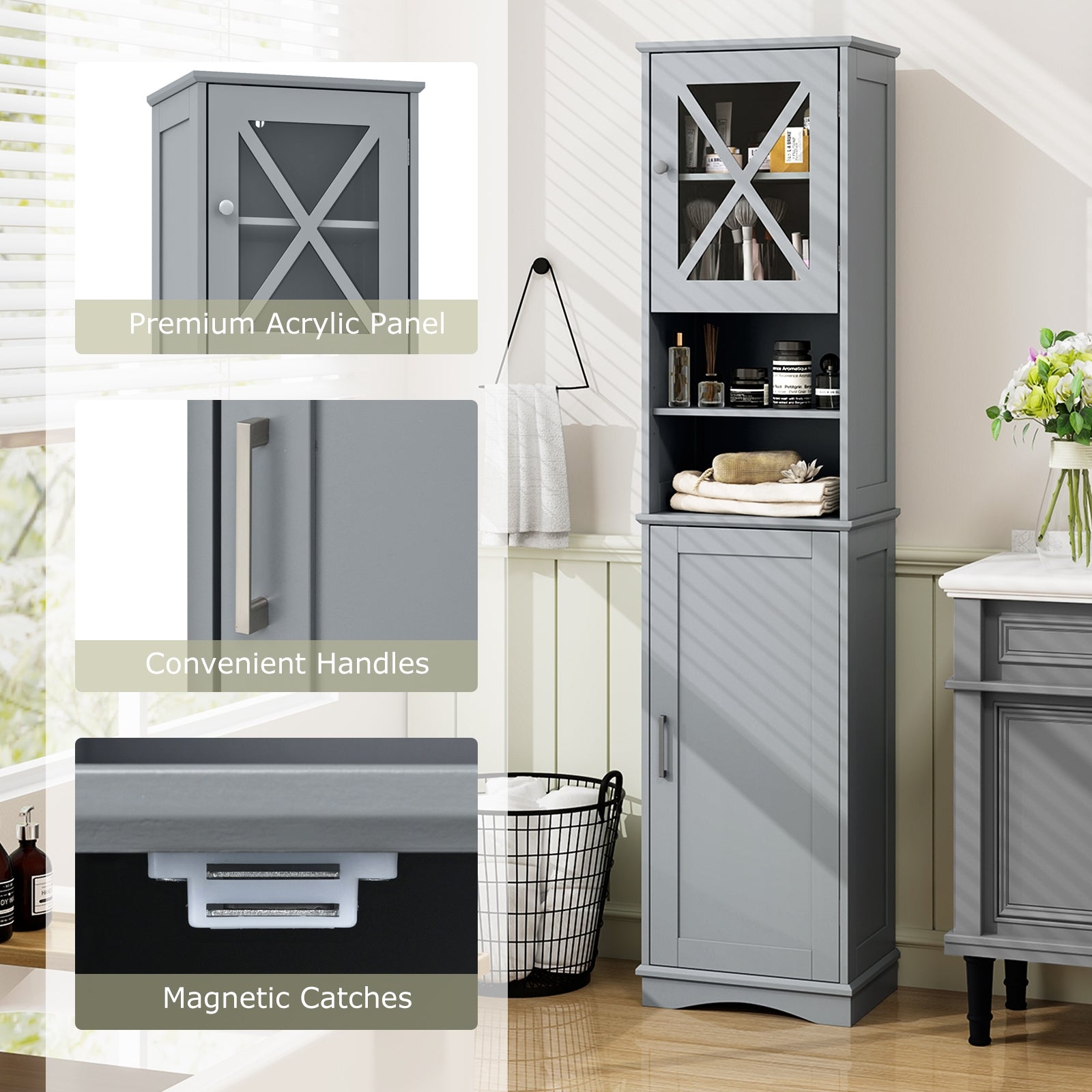 67 Inch Tall Bathroom Cabinet Freestanding Storage Cabinet with 5 Adjustable Shelves, Gray Floor Cabinets at Gallery Canada