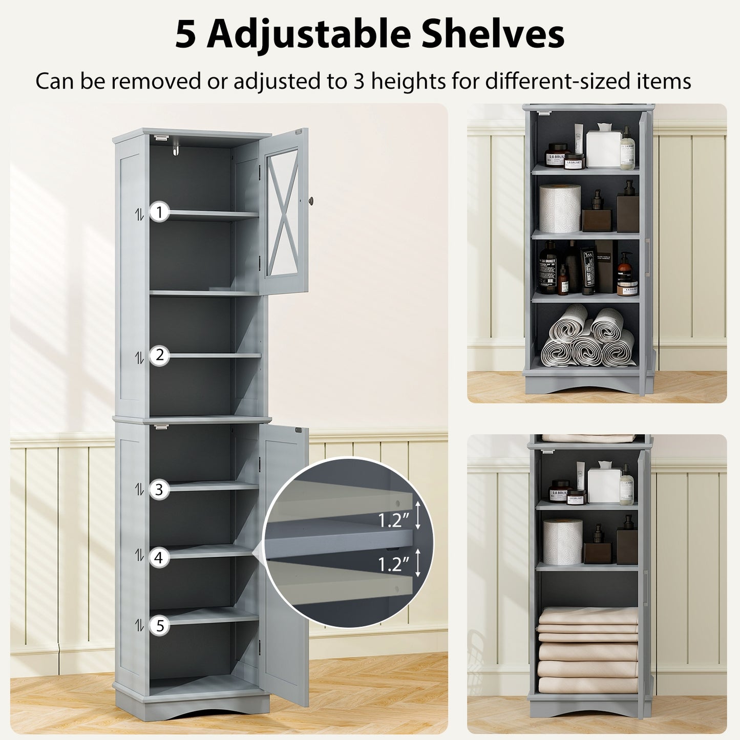 67 Inch Tall Bathroom Cabinet Freestanding Storage Cabinet with 5 Adjustable Shelves, Gray Floor Cabinets at Gallery Canada