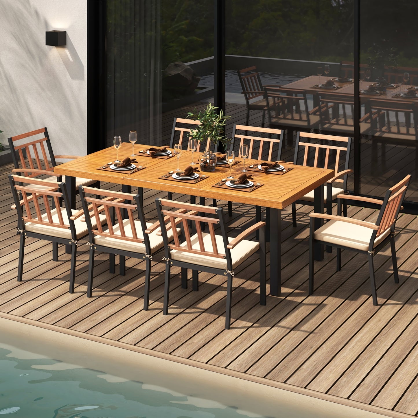 9 Pieces Patio Dining Set 39.5 Inch Acacia Wood Table with Umbrella Hole and 24-Inch Wide Chairs, Natural Patio Dining Sets at Gallery Canada