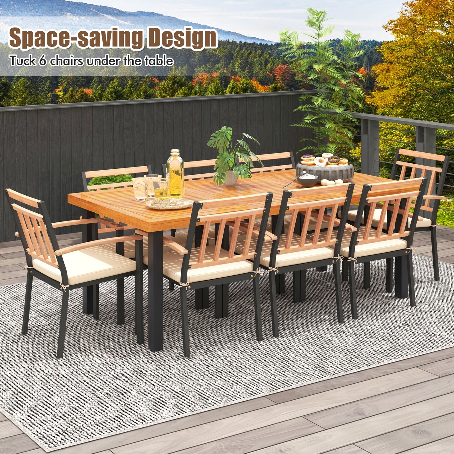9 Pieces Patio Dining Set 39.5 Inch Acacia Wood Table with Umbrella Hole and 24-Inch Wide Chairs, Natural Patio Dining Sets at Gallery Canada