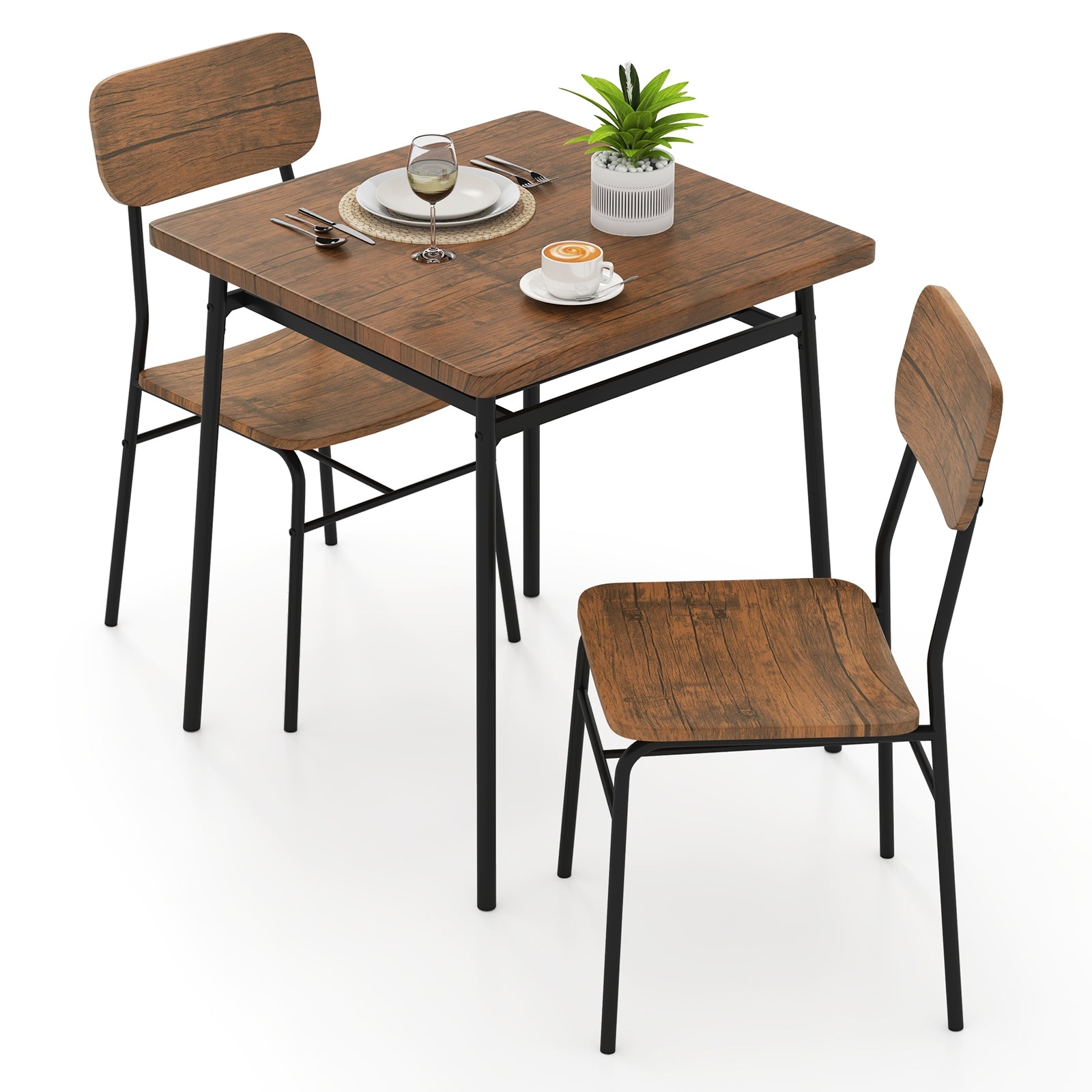 3 Piece Dining Table Set for 2 Wood Square Table with Metal Frame, Brown Dining Room Sets at Gallery Canada