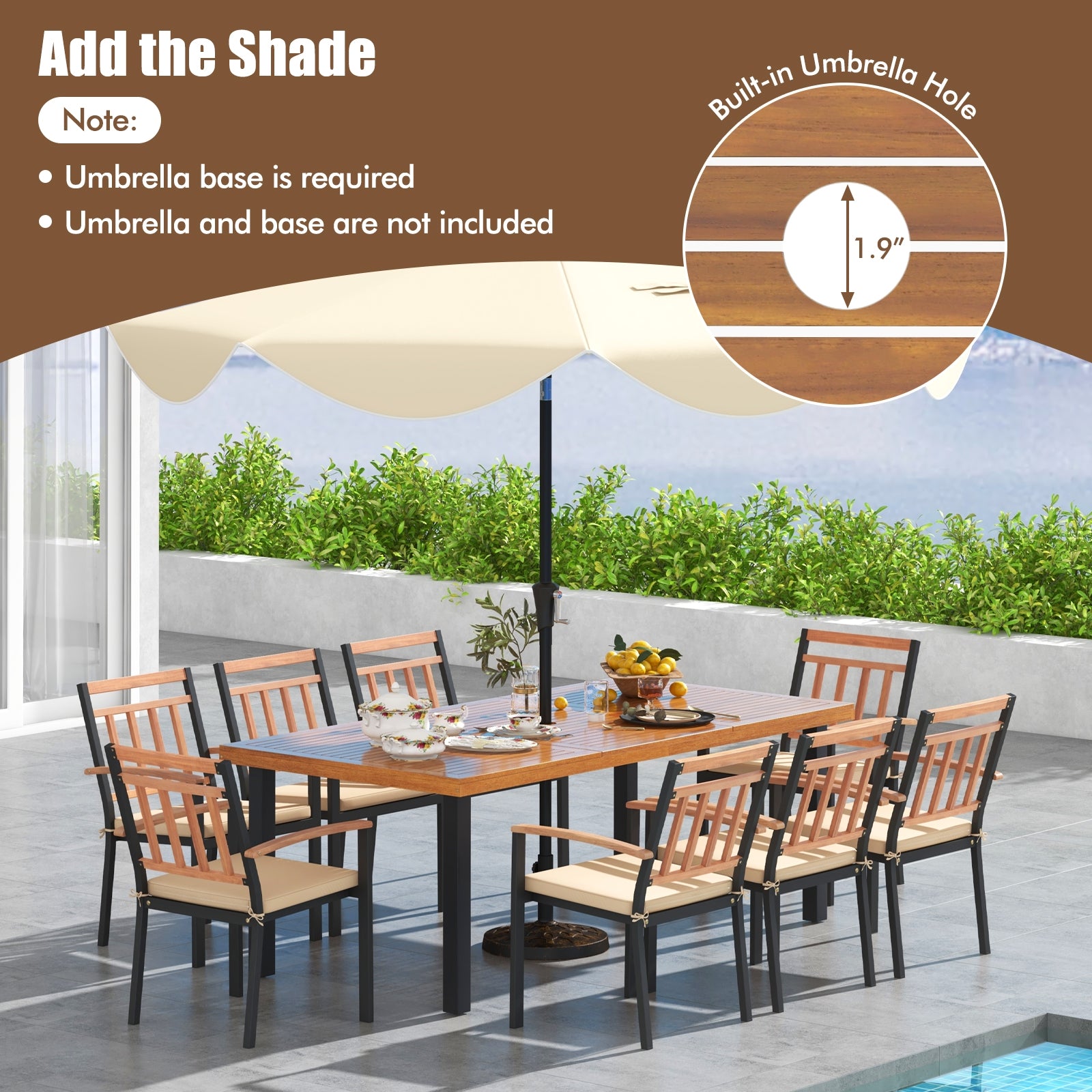 9 Pieces Patio Dining Set 39.5 Inch Acacia Wood Table with Umbrella Hole and 24-Inch Wide Chairs, Natural Patio Dining Sets at Gallery Canada