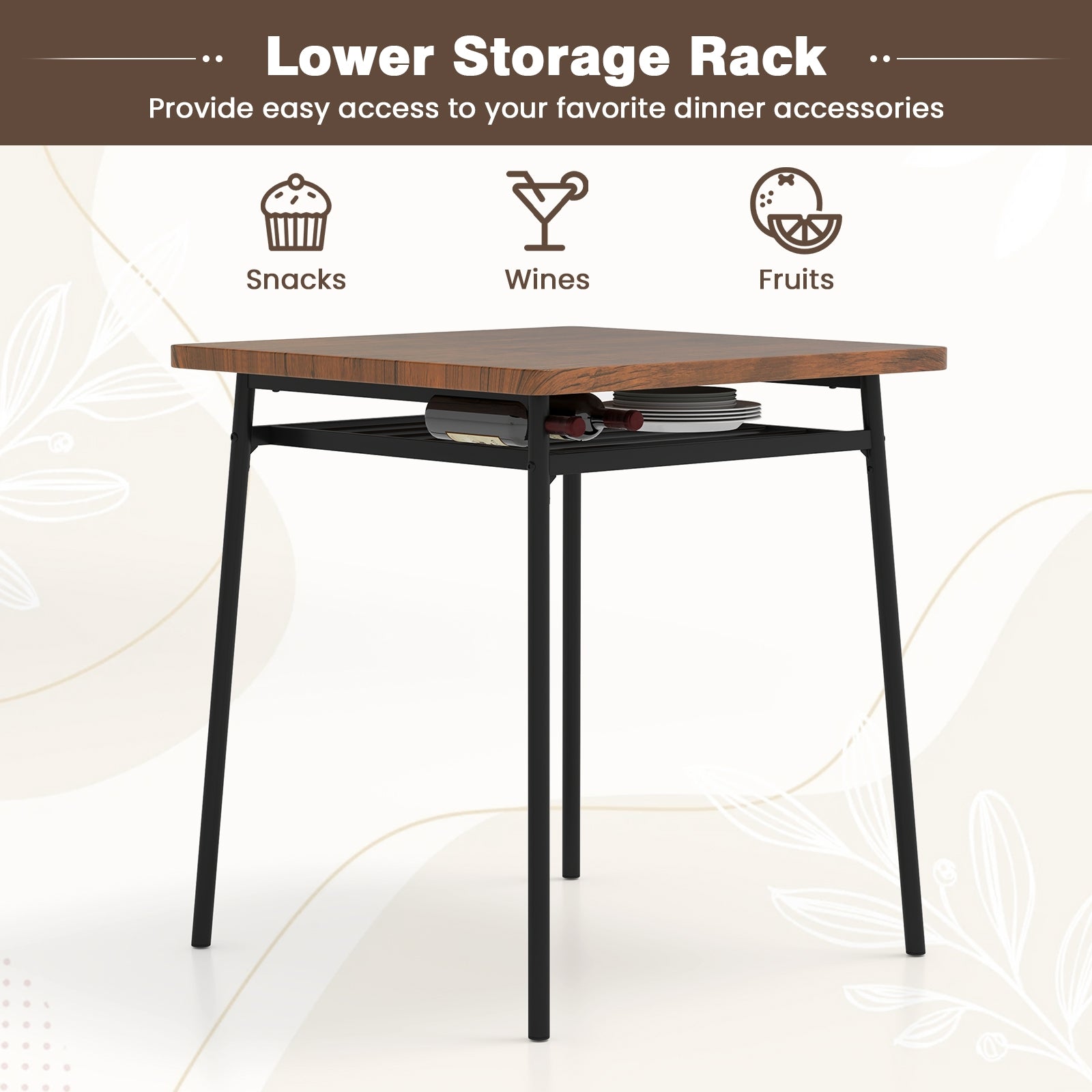 3 Piece Dining Table Set for 2 Wood Square Table with Metal Frame, Brown Dining Room Sets at Gallery Canada