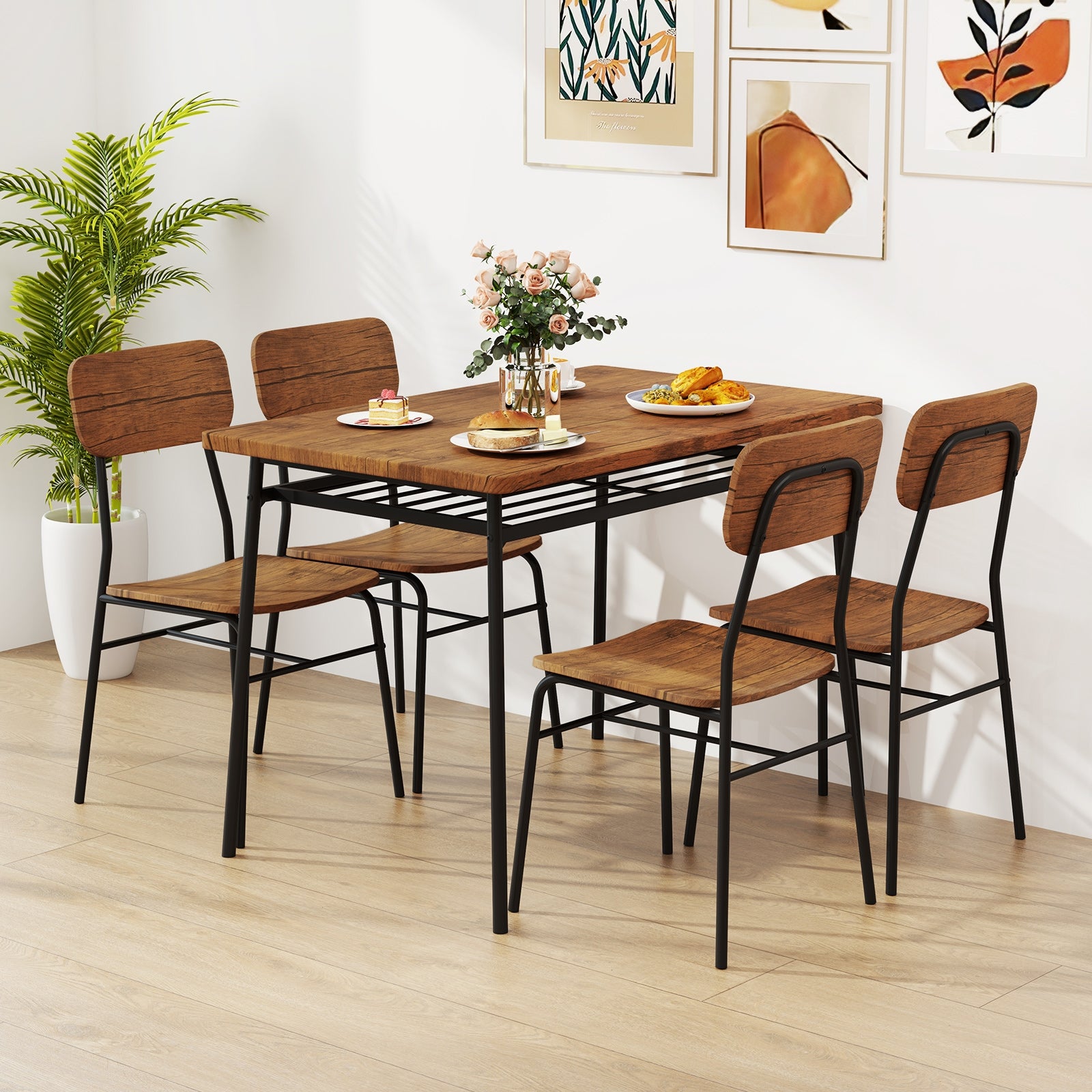 5-Piece Table Set for 4 with Metal Frame and Storage Rack, Brown Dining Room Sets at Gallery Canada