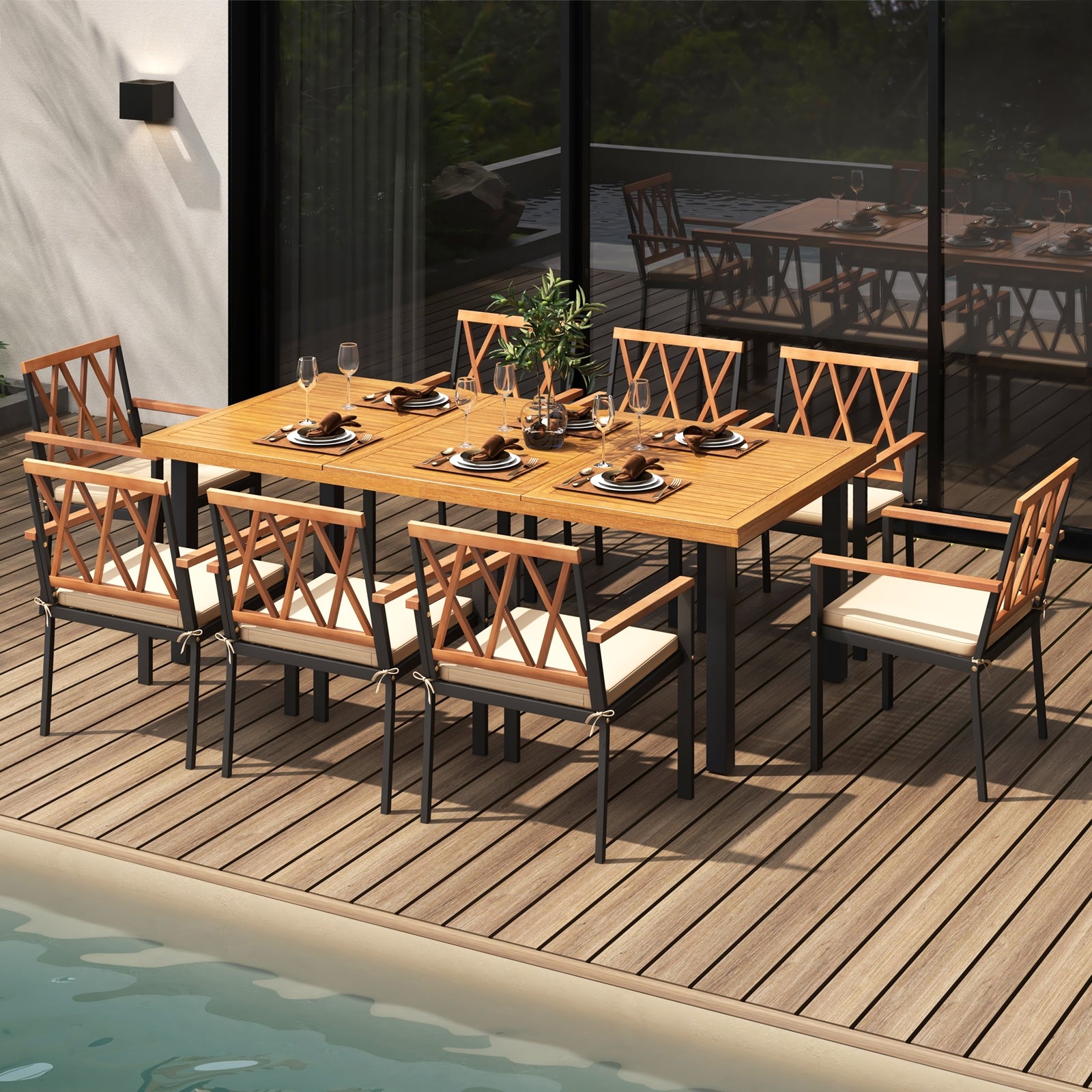 9 Pieces Patio Dining Set 39.5 Inch Acacia Wood Table with Umbrella Hole and 22.5-Inch Wide Chairs, Natural Patio Dining Sets at Gallery Canada