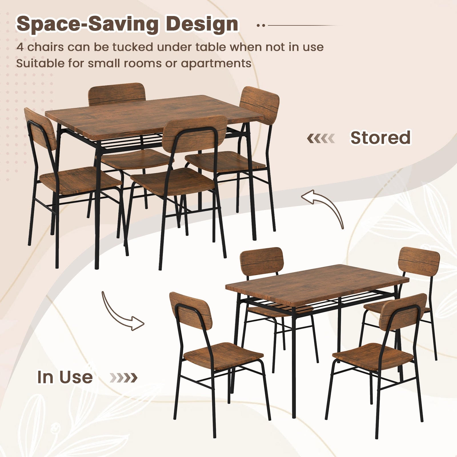 5-Piece Table Set for 4 with Metal Frame and Storage Rack, Brown Dining Room Sets at Gallery Canada